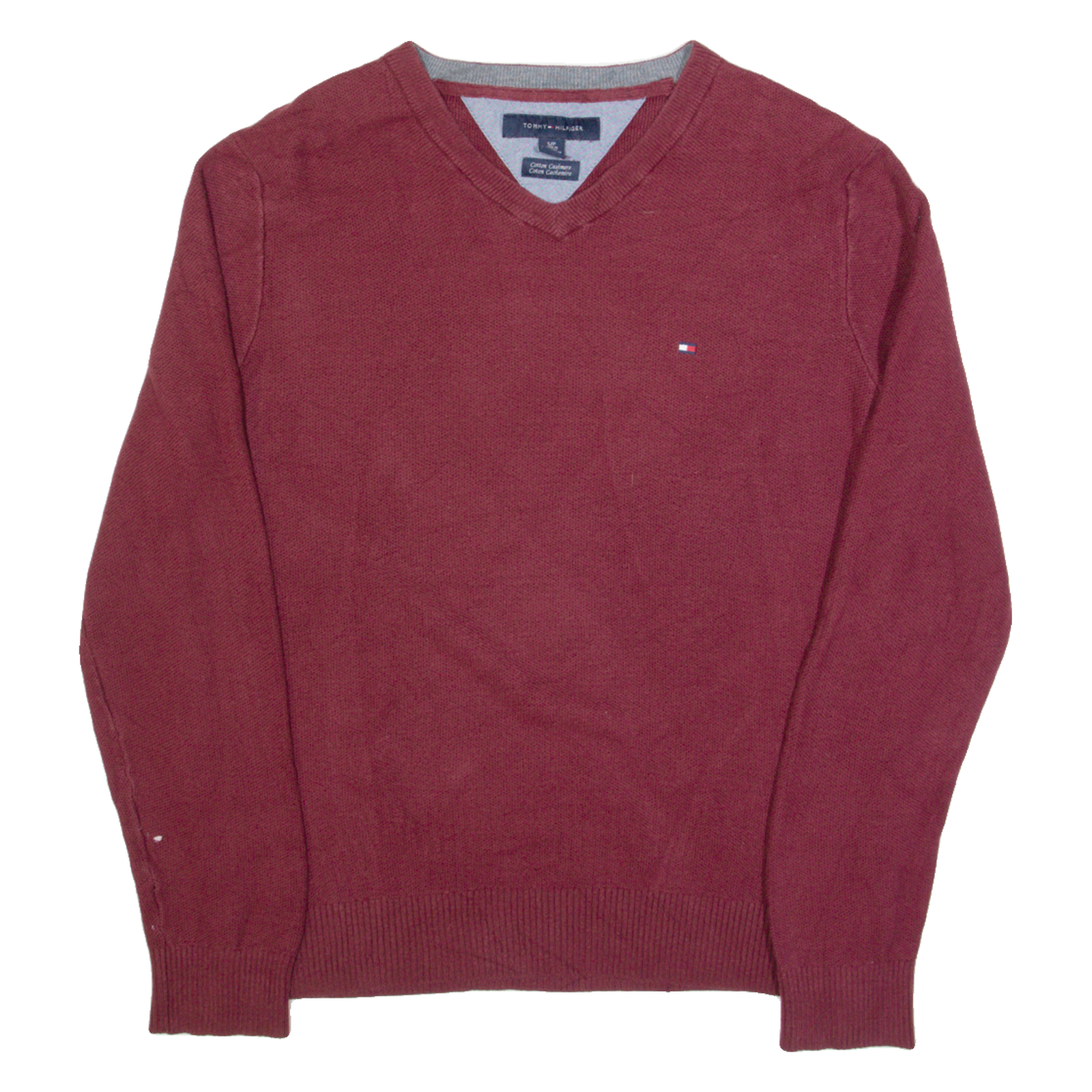 TOMMY HILFIGER Mens Jumper Maroon V-Neck Tight Knit S Refurbished - N/A refurbished available on Cerqular