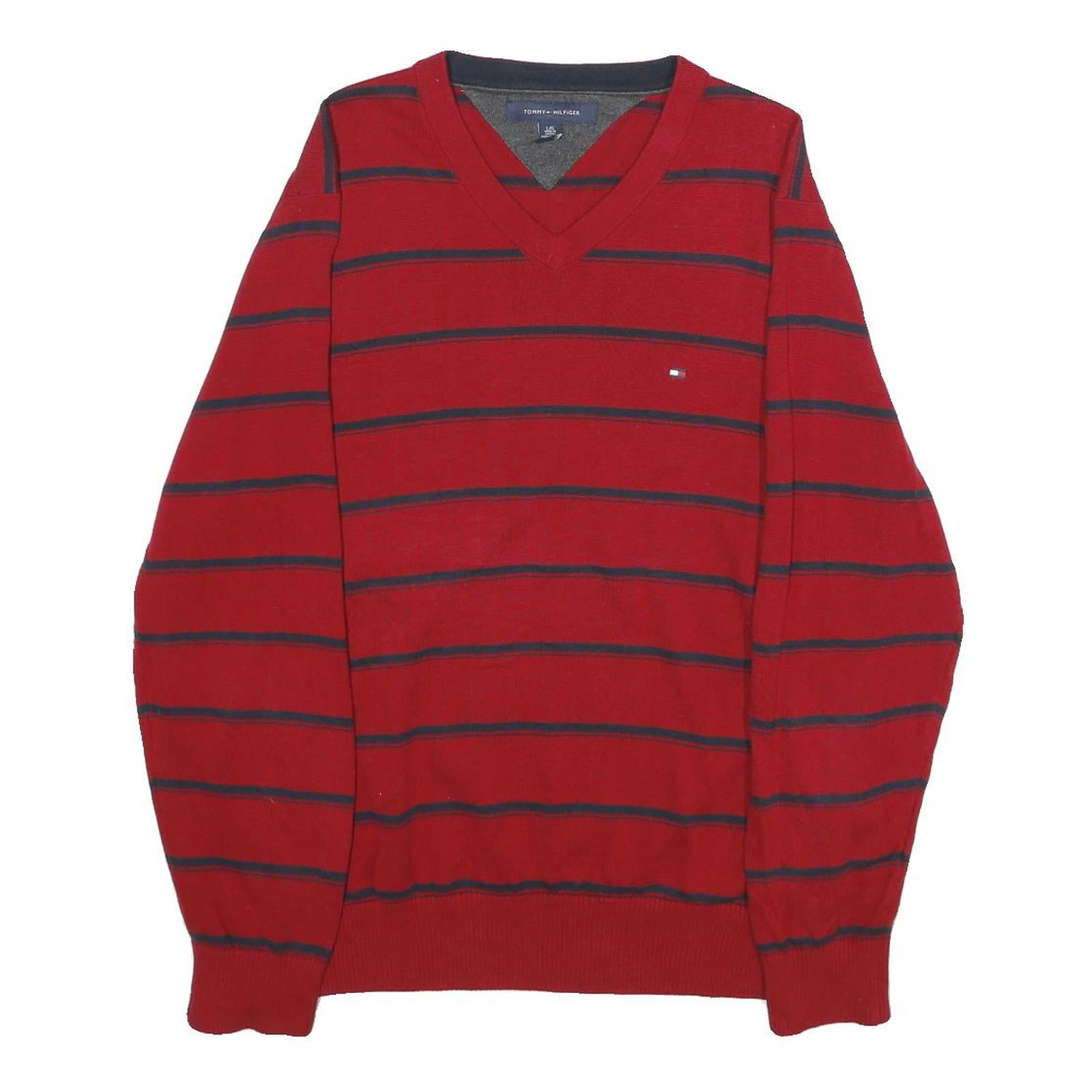 TOMMY HILFIGER Mens Red & Navy Striped Patterned V-Neck Plain Basic Knit L Refurbished - N/A refurbished available on Cerqular