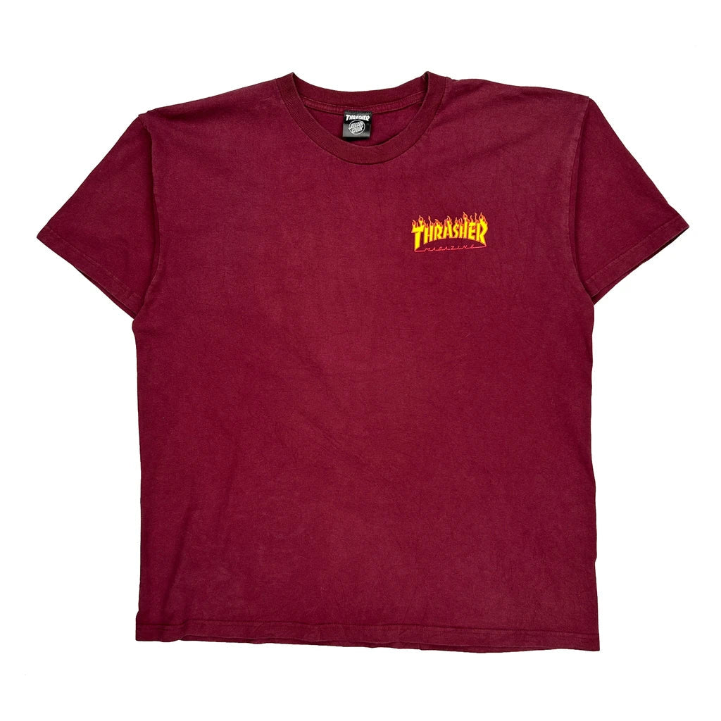 Santa Cruz Thrasher Graphic T-Shirt - XL Burgundy Cotton Refurbished - Thrifted (note: this is a term often used to describe second- refurbished available on Cerqular