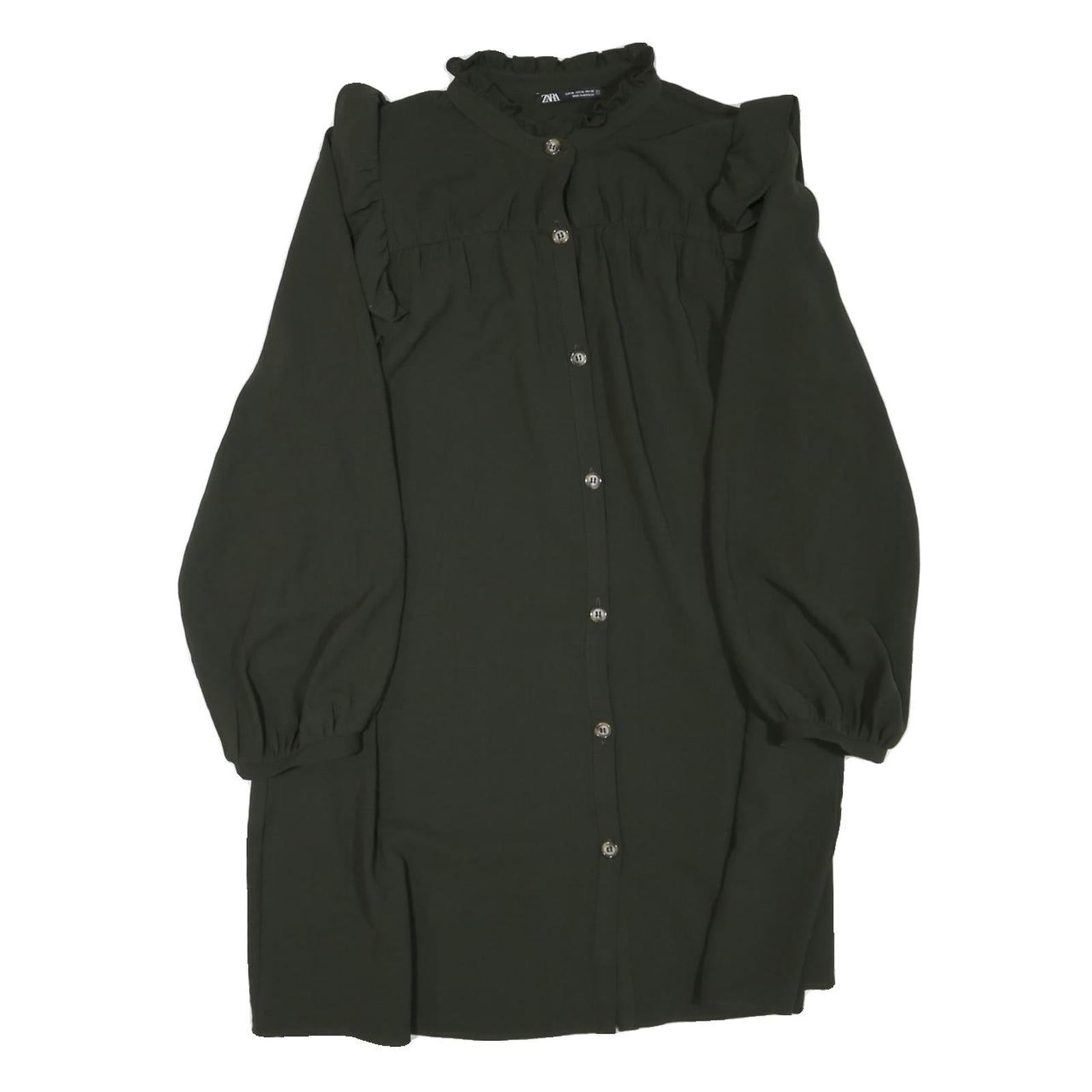 ZARA Womens Green Dress Polyester Blend Long Sleeve Mini Ruffle Collar Button Refurbished - N/A refurbished available on Cerqular