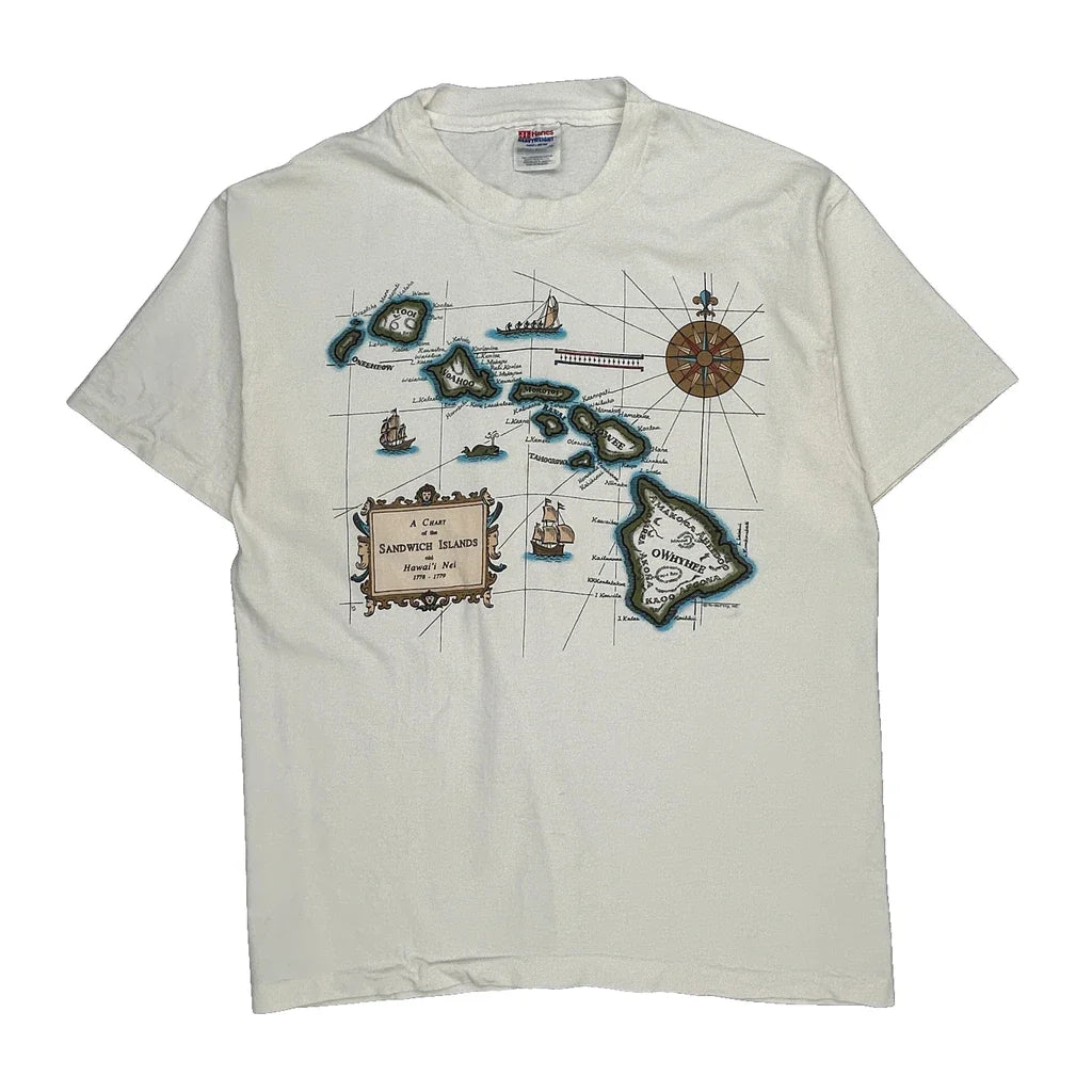 Map Of Hawaii Hanes Single Stitch T-Shirt - Large White Cotton Refurbished - Thrifted (note: this is a term often used to describe second- refurbished available on Cerqular