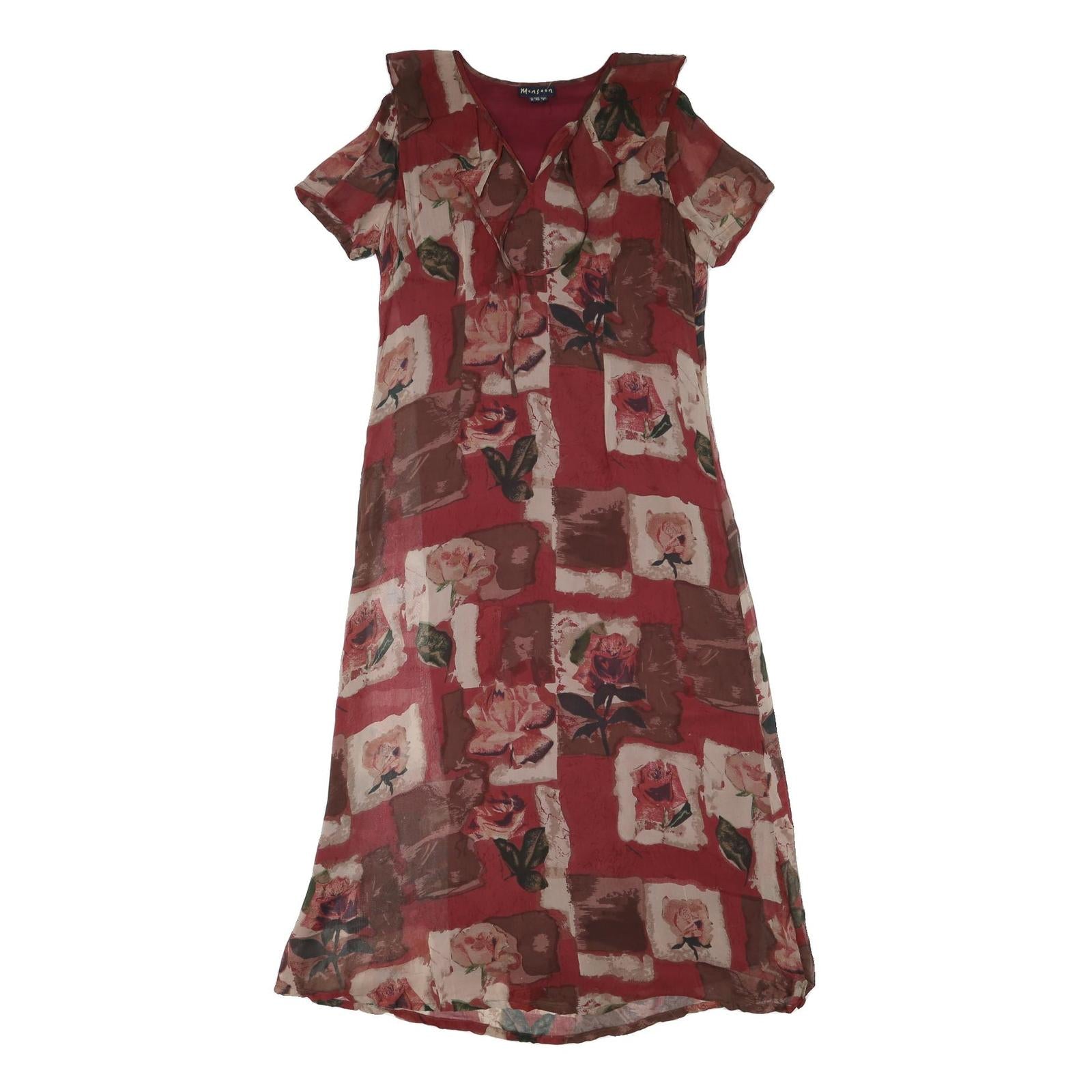 MONSOON Womens Red Brown Floral Day Polyester Blend Dress UK 14 Ruffle Neck Refurbished - N/A refurbished available on Cerqular