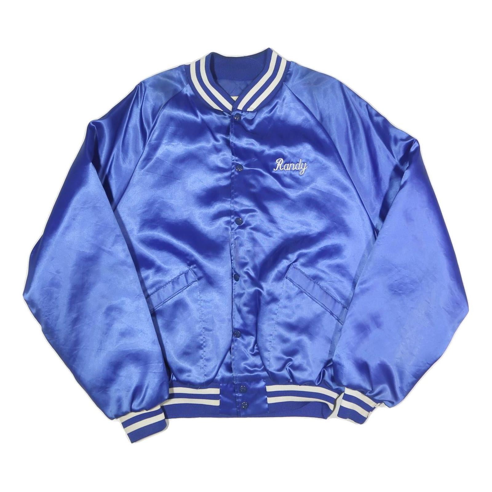 Mens Blue Satin Button Jacket L Plain Varsity Retro USA Furniture Flint Michigan Refurbished - N/A refurbished available on Cerqular