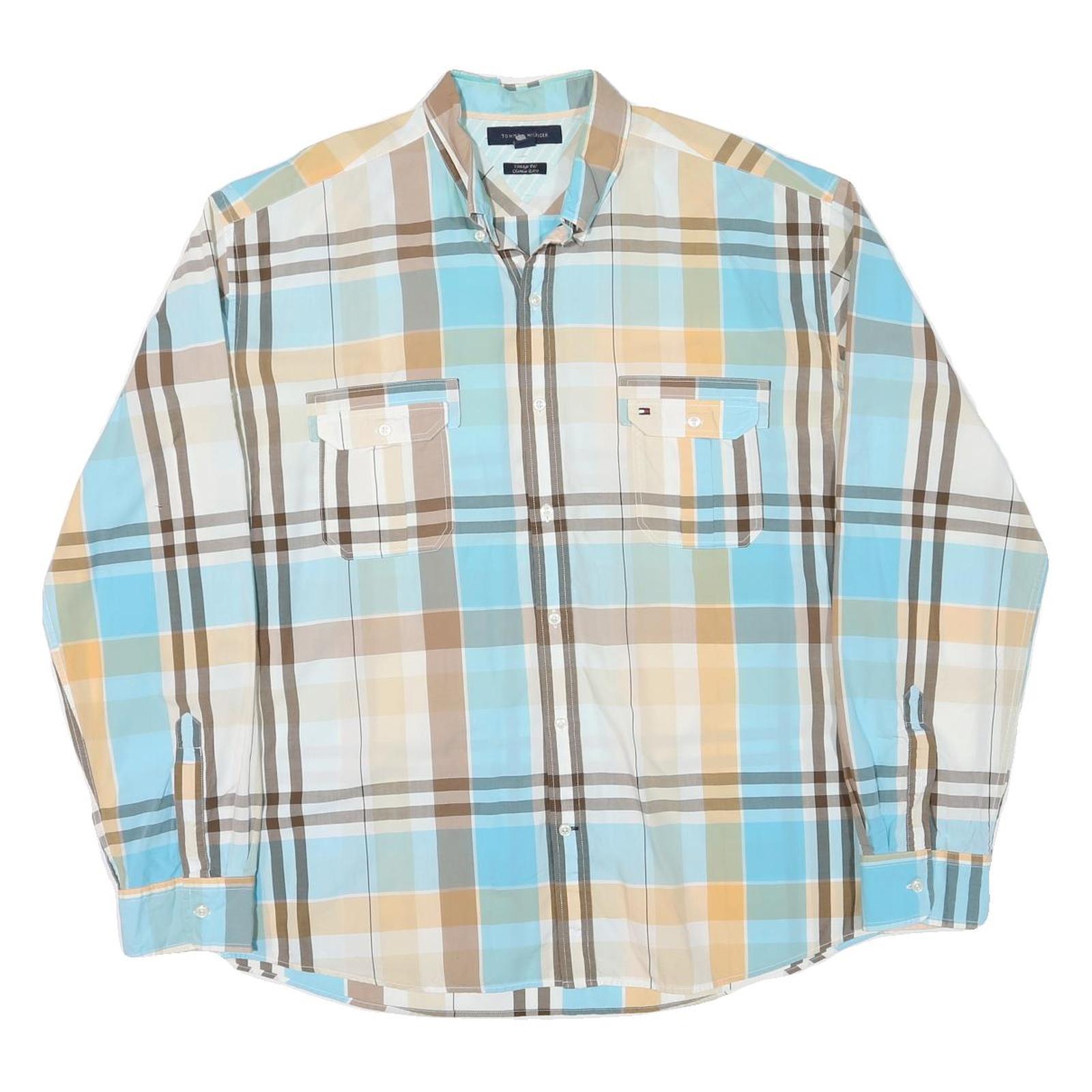 TOMMY HILFIGER Mens Blue & Beige Check Shirt 2XL Cotton Blend Button Pocket Refurbished - N/A refurbished available on Cerqular