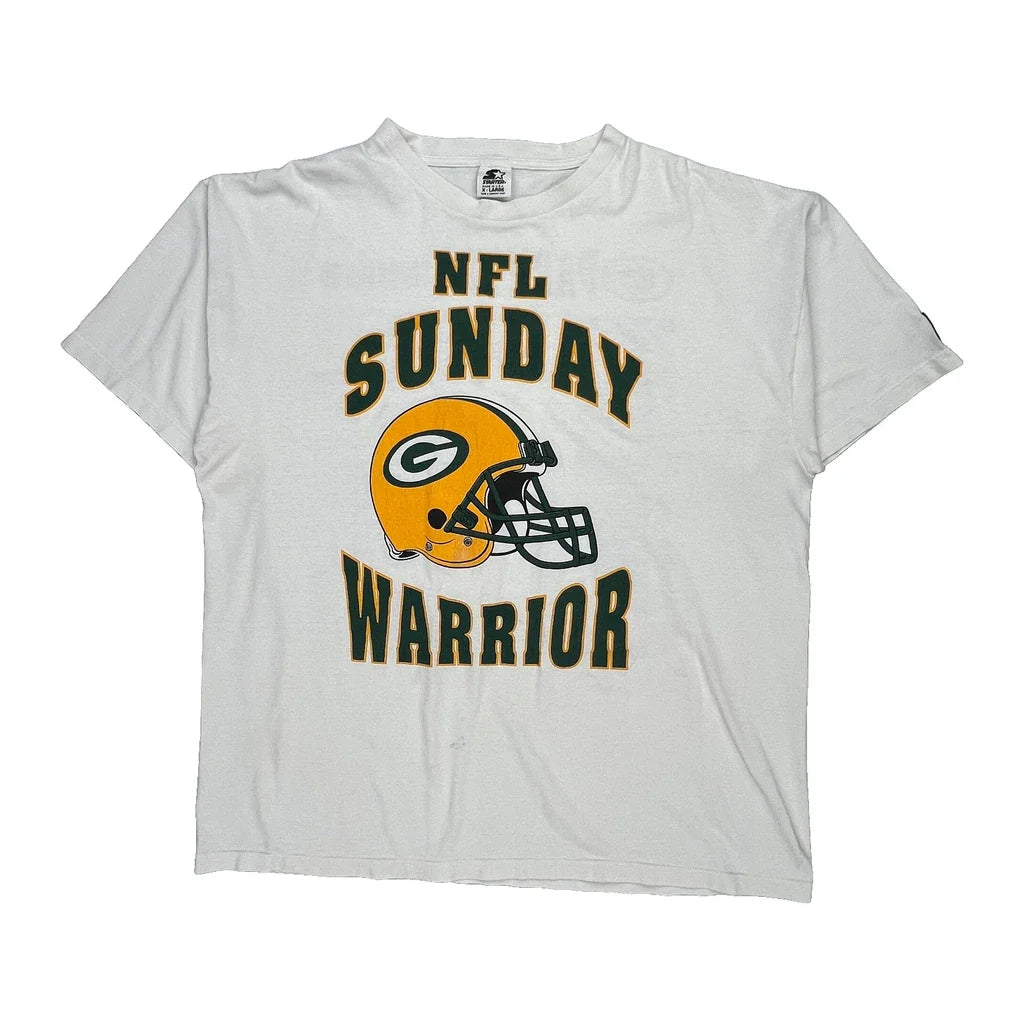 Green Bay Packers Starter Single Stitch T-Shirt - XL White Cotton Refurbished - Thrifted (note: this is a term often used to describe second- refurbished available on Cerqular