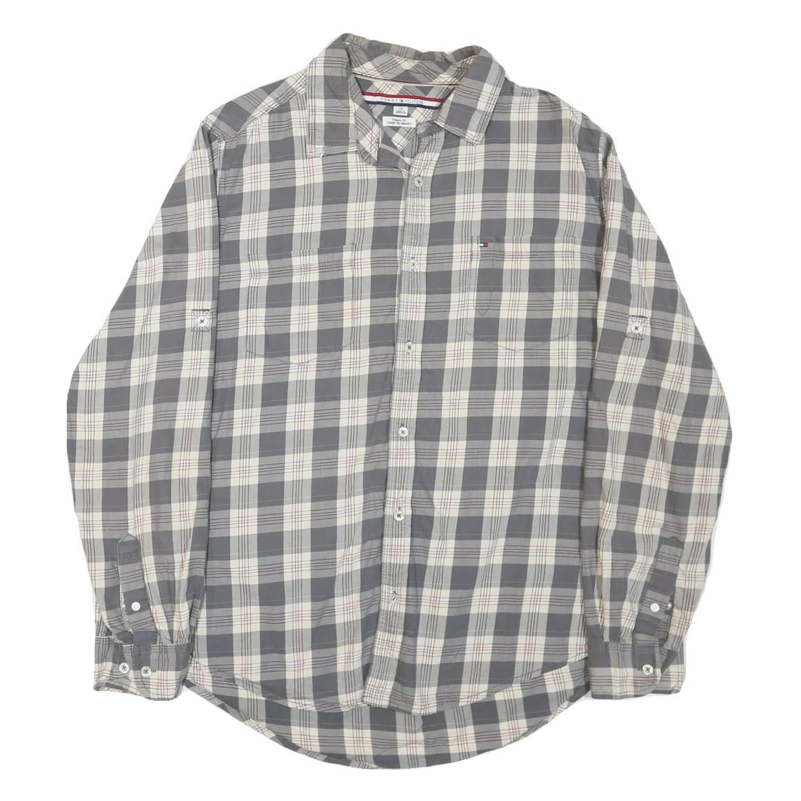 TOMMY HILFIGER Mens Grey & Cream Check Shirt L Cotton Blend Long Sleeve Casual Refurbished - N/A refurbished available on Cerqular