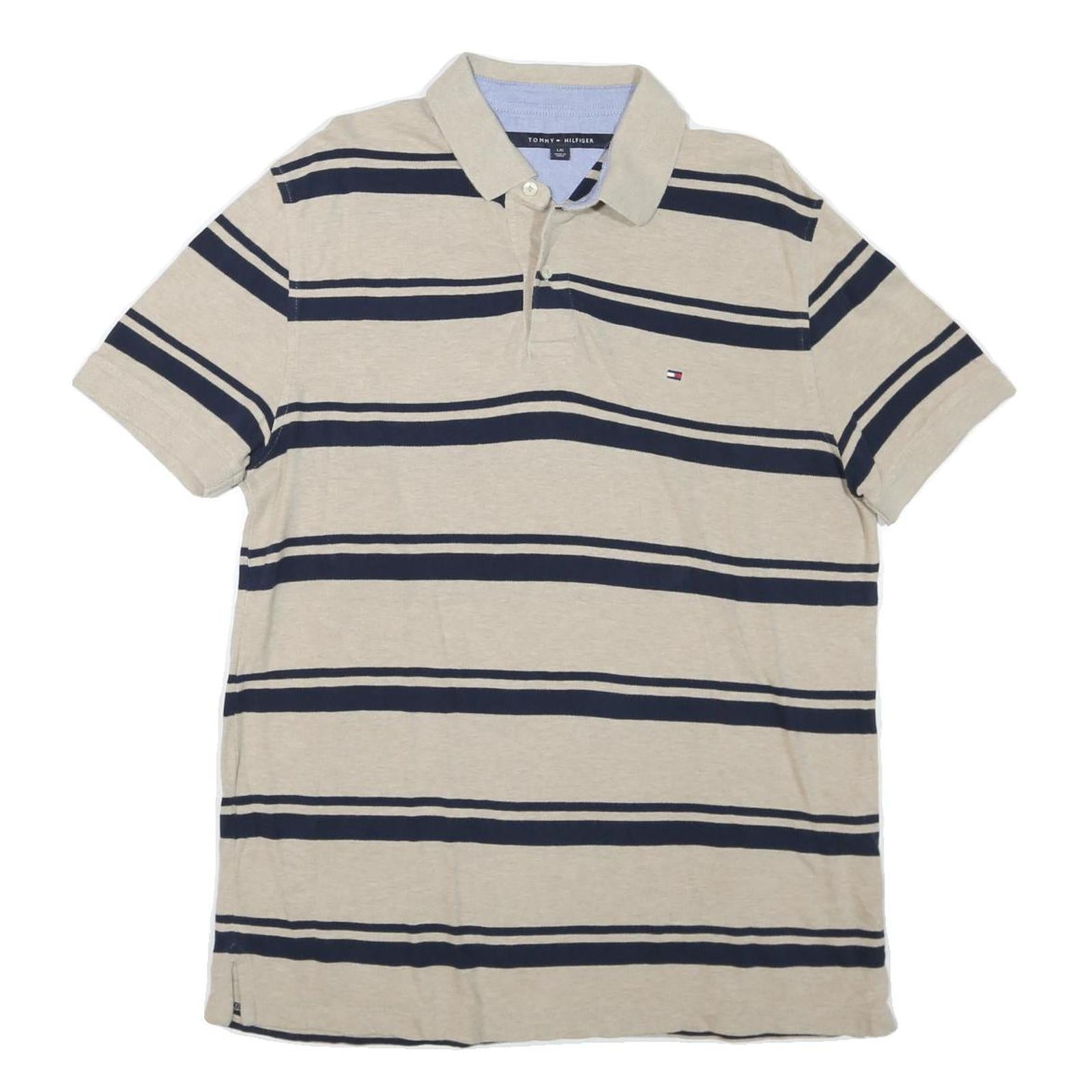TOMMY HILFIGER Mens Beige & Navy Striped Short Sleeve Polo Shirt L Cotton Blend Refurbished - N/A refurbished available on Cerqular