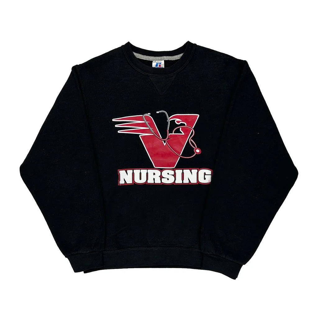 Nursing Russell Athletic College Sweatshirt - Small Black Cotton Blend Refurbished - Thrifted (note: this is a term often used to describe second- refurbished available on Cerqular