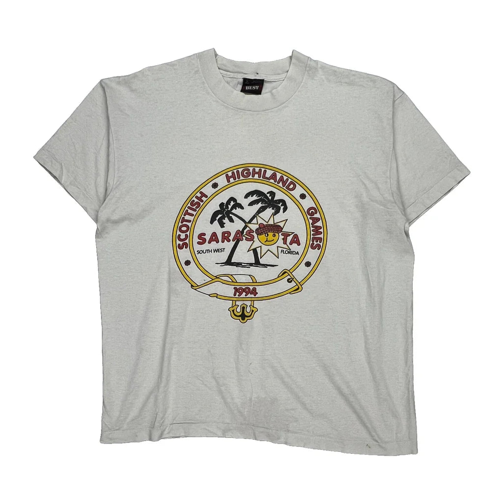 Scottish Highland Games Sarasota 1994 Fruit Of The Loom Single Stitch T-Shirt - Large White Cotton Blend Refurbished - Thrifted (note: this is a term often used to describe second- refurbished available on Cerqular