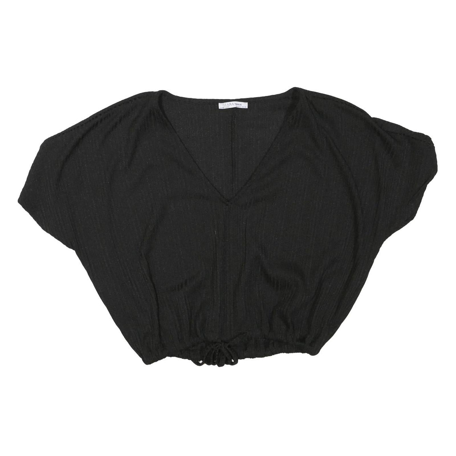 ZARA Womens Black Basic Top Short Sleeve V-Neck S Cropped Drawstring Waist Refurbished - N/A refurbished available on Cerqular
