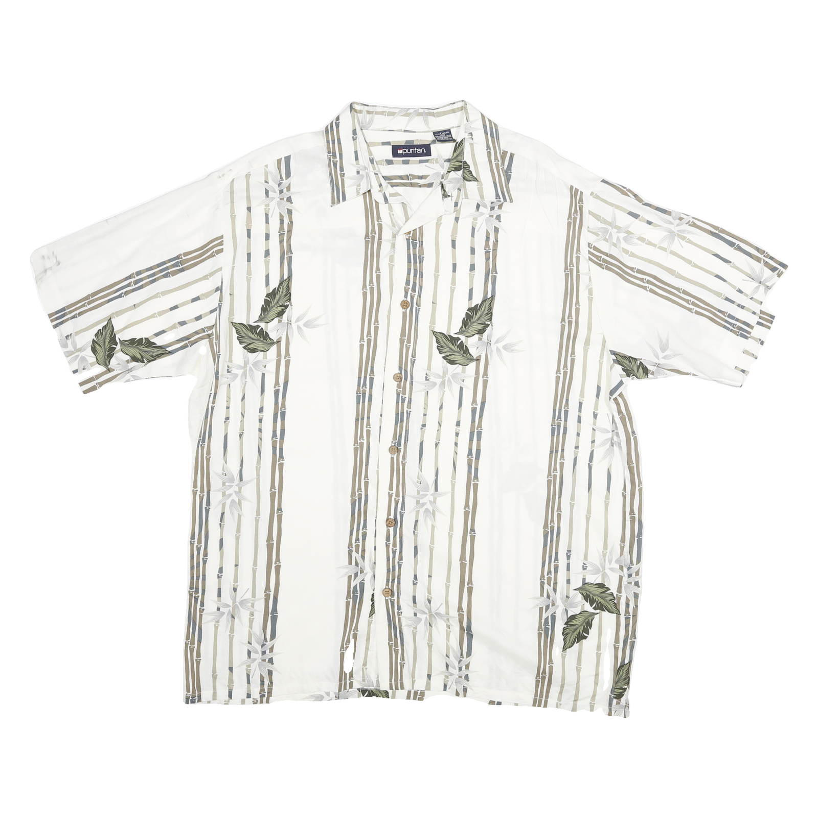 PURIYTAN Mens White & Beige Tropical Leaf Print Shirt L Relaxed Fit Semi Casual Refurbished - N/A refurbished available on Cerqular