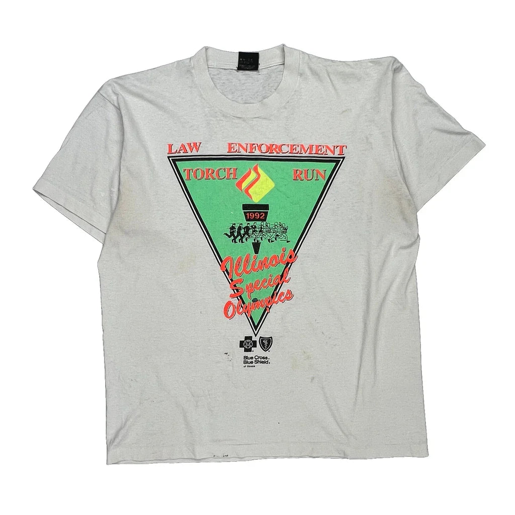 Law Enforcement Torch Run Screen Stars Single Stitch T-Shirt - XL White Cotton Blend Refurbished - Thrifted (note: this is a term often used to describe second- refurbished available on Cerqular