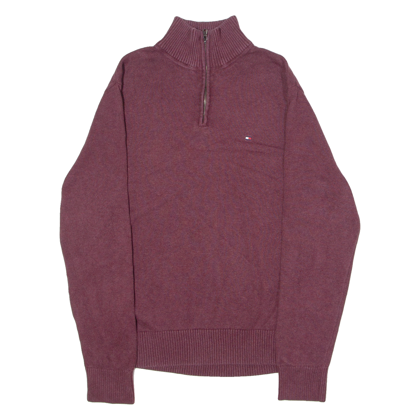 TOMMY HILFIGER Mens Jumper Maroon 1/4 Zip Tight Knit L Refurbished - N/A refurbished available on Cerqular