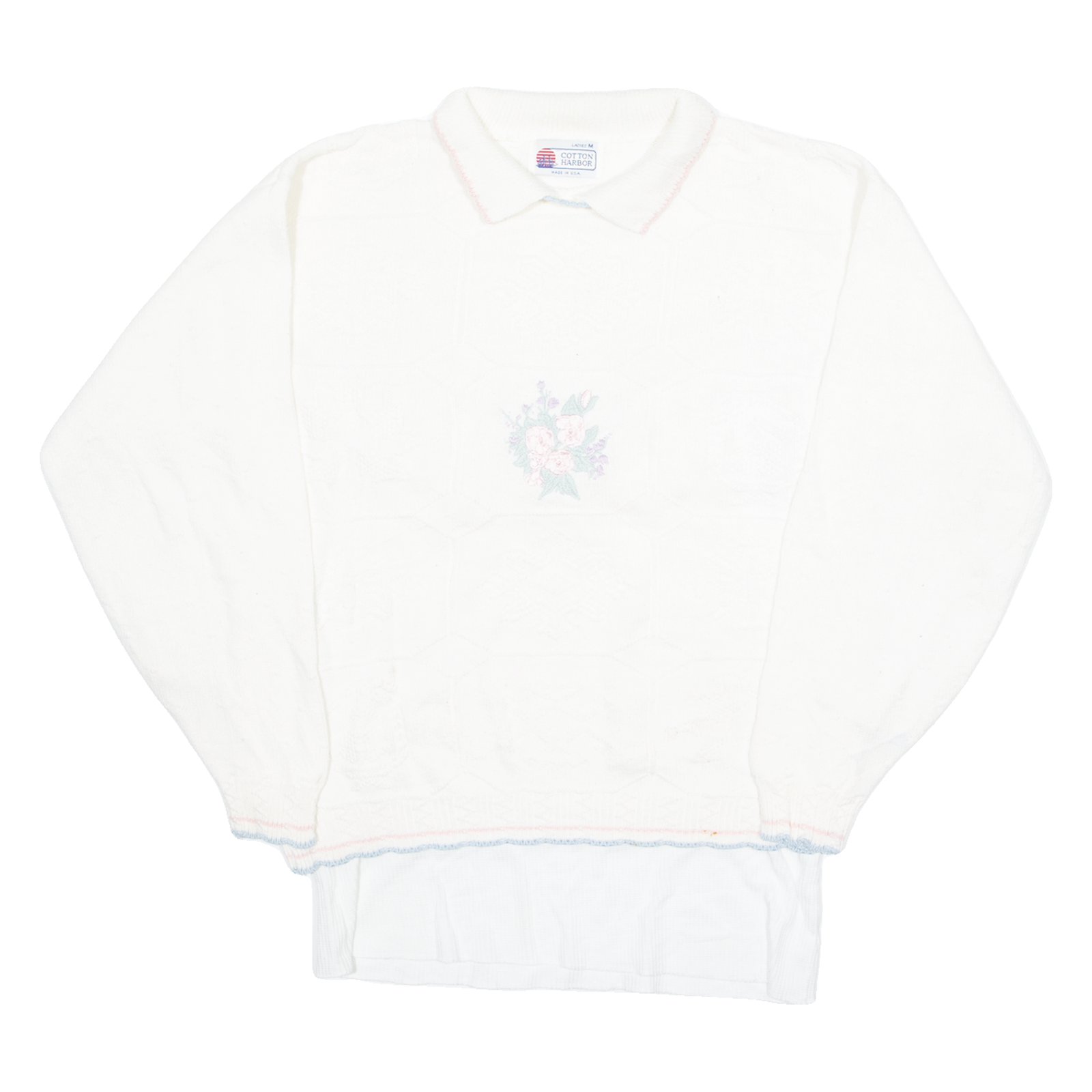 COTTON HARBOUR Womens Jumper Cream Floral Collared 90s Tight Knit M Refurbished - N/A refurbished available on Cerqular