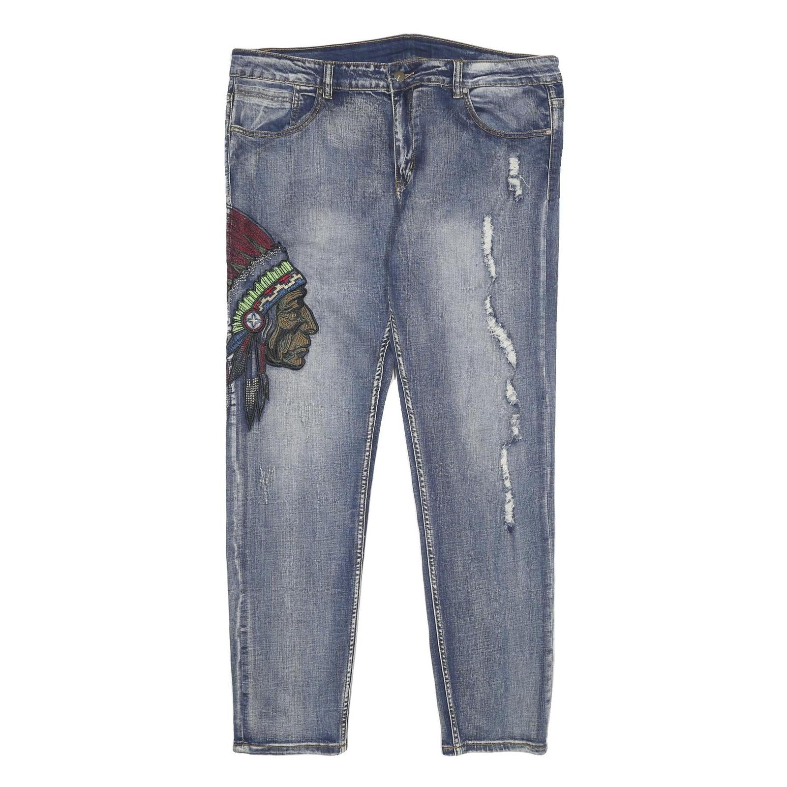 Mens Regular Fit Blue Denim Jeans W38 L32 Distressed Embroidered Design Zip Refurbished - N/A refurbished available on Cerqular