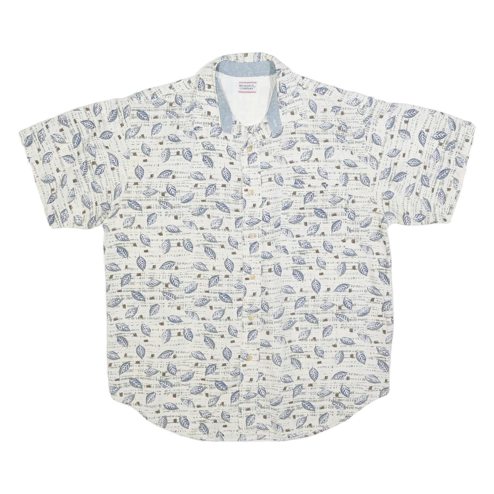 BUGLE BOY Mens White & Blue Leaf Print Cotton Blend Shirt L Casual Summer Refurbished - N/A refurbished available on Cerqular