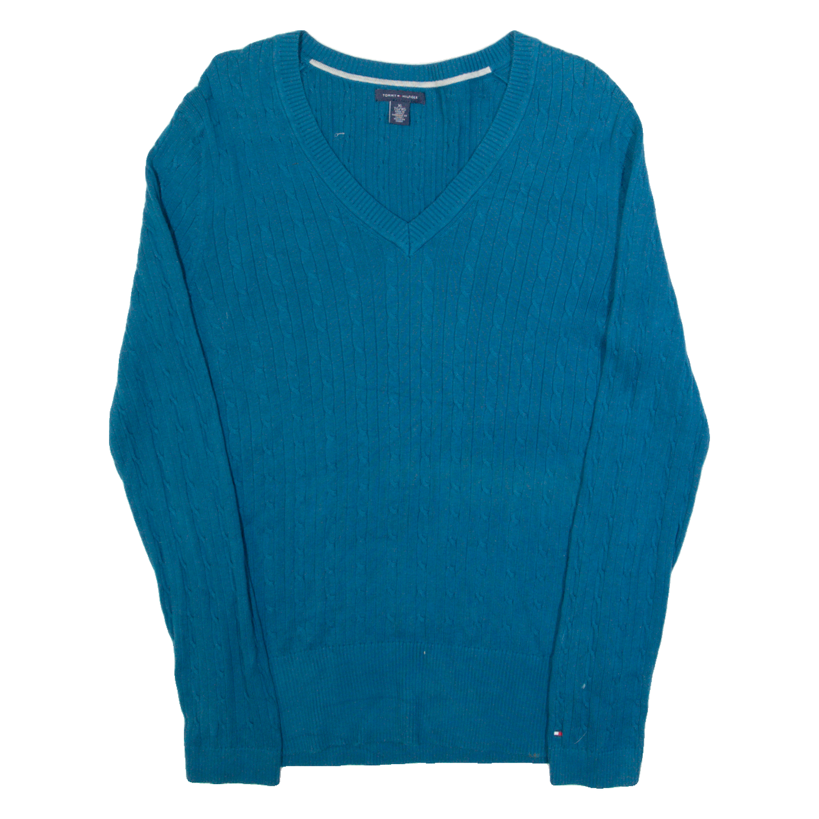 TOMMY HILFIGER Womens Jumper Blue V-Neck Cable Knit L Refurbished - N/A refurbished available on Cerqular