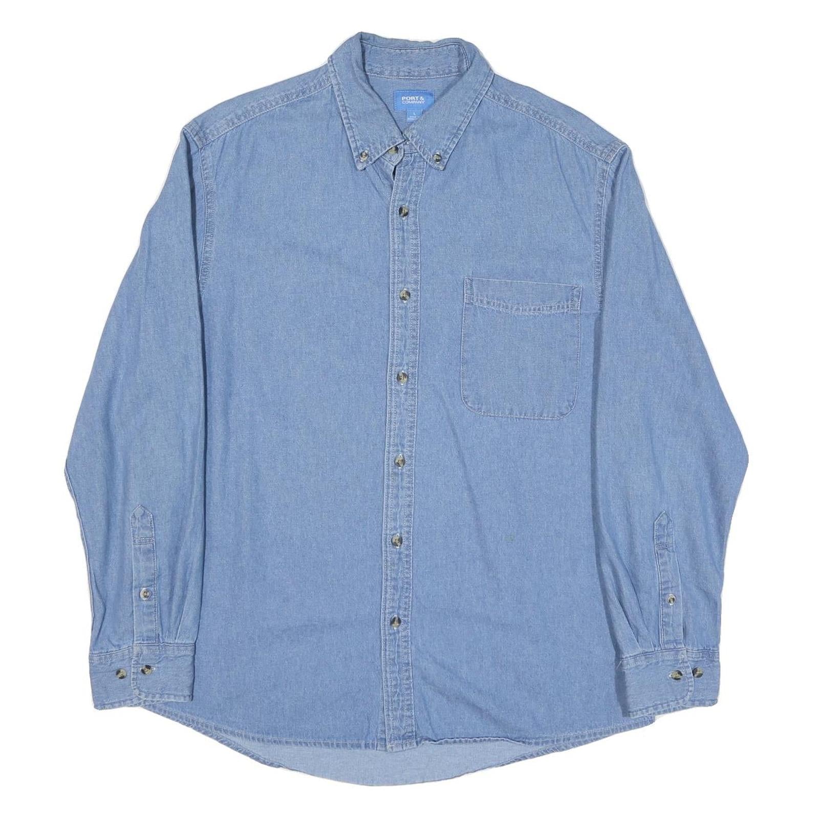 PORT AND COMPANY Mens Blue Denim Shirt L Cotton Blend Lightweight Long Sleeve Refurbished - N/A refurbished available on Cerqular