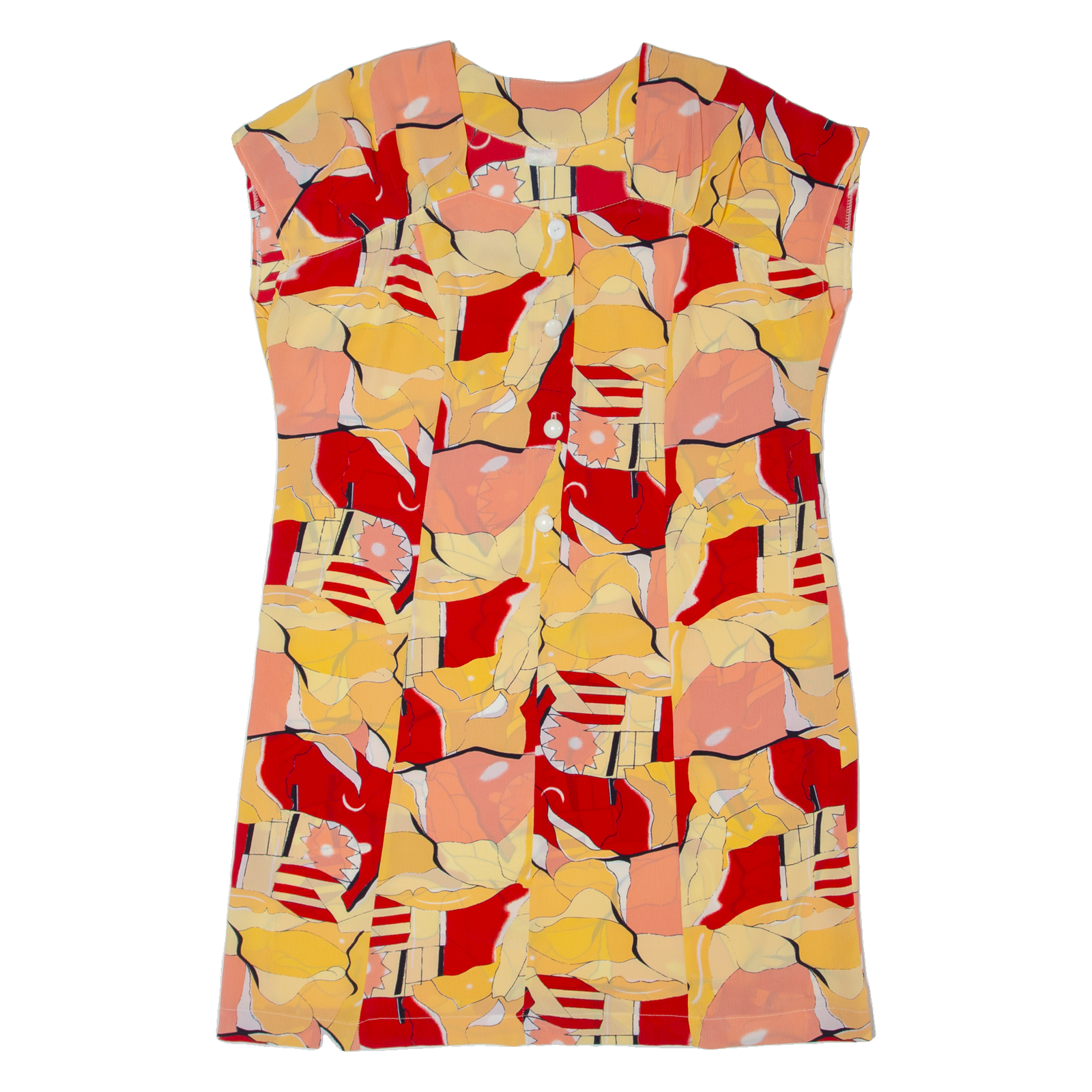 Sheer Womens Shift Dress Yellow 90s Crazy Pattern Sleeveless Midi L Refurbished - N/A refurbished available on Cerqular