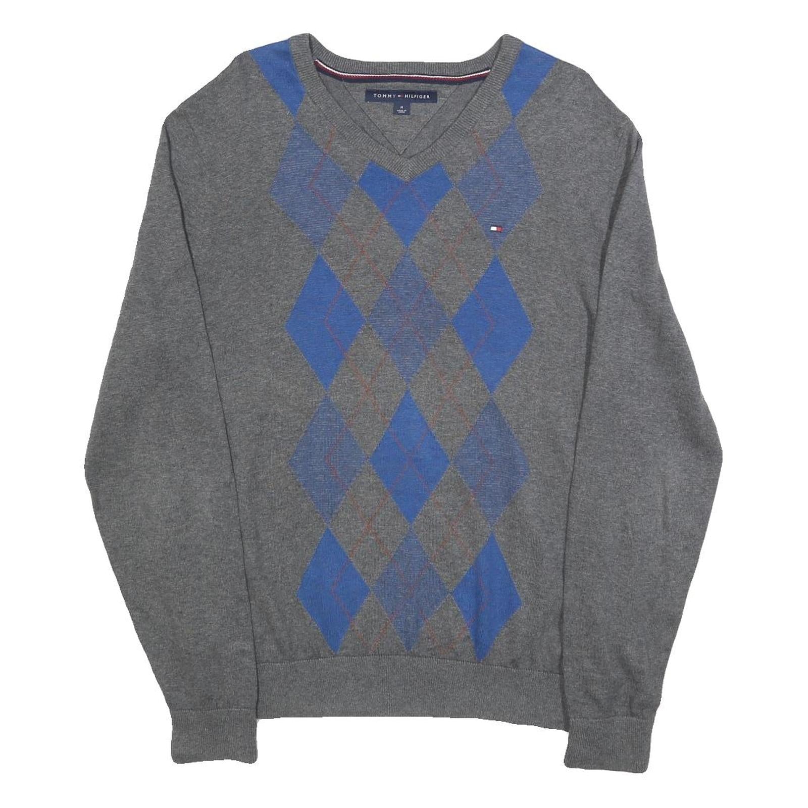 TOMMY HILFIGER Mens Grey & Blue Patterned V Neck Jumper Cable Knit M Cotton Refurbished - N/A refurbished available on Cerqular