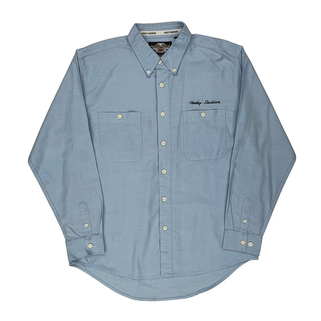 Harley Davidson Shirt - Large Blue Cotton Blend Refurbished - Thrifted (note: this is a term often used to describe second- refurbished available on Cerqular