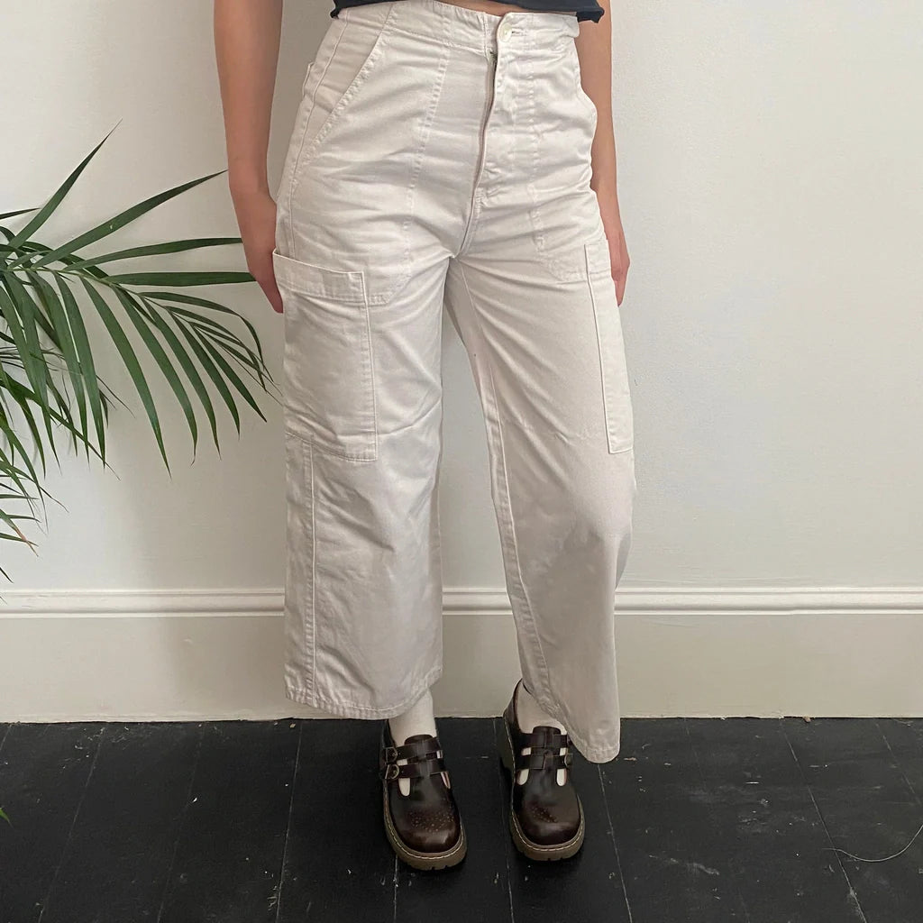 Unbranded Cargo Trousers - 26W UK 8 Cream Cotton Refurbished - Thrifted (note: this is a term often used to describe second- refurbished available on Cerqular