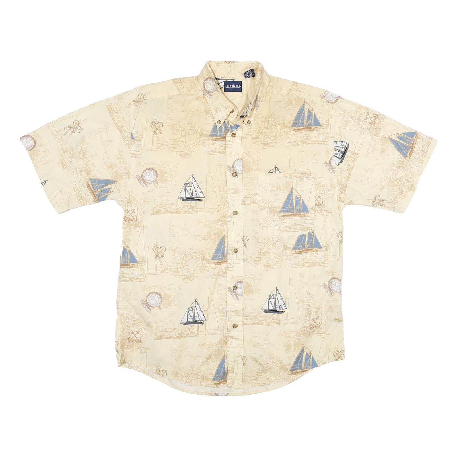 PURTIAN Mens Cream & Blue Nautical Print Cotton Shirt M Casual Short Sleeve Refurbished - N/A refurbished available on Cerqular