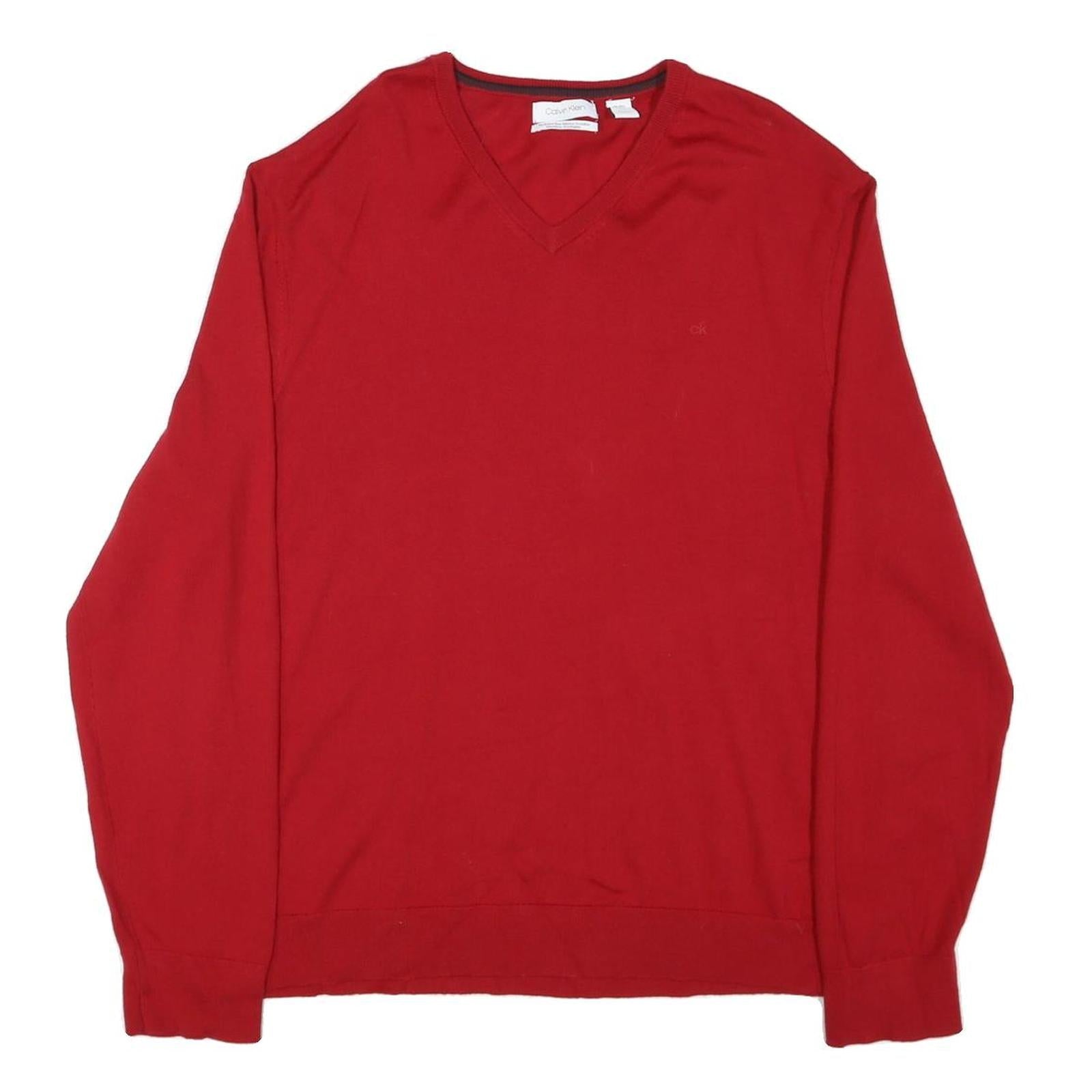 CALVIN KLEIN Mens Red Plain V Neck Jumper Basic Knit 2XL Wool Comfortable Refurbished - N/A refurbished available on Cerqular