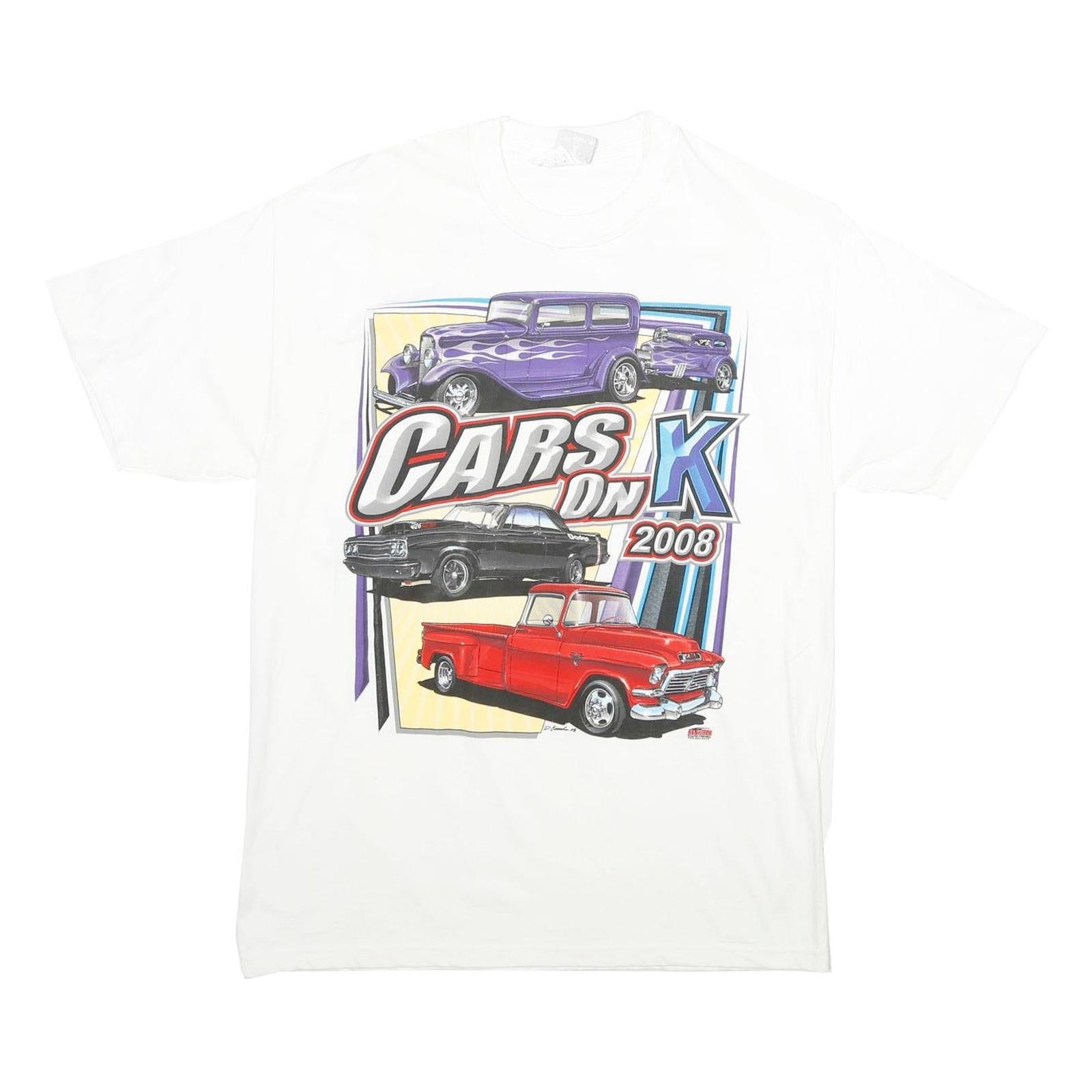HANES Mens White Cars On K 2008 Graphic T-Shirt L Short Sleeve Crew Neck Casual Refurbished - N/A refurbished available on Cerqular