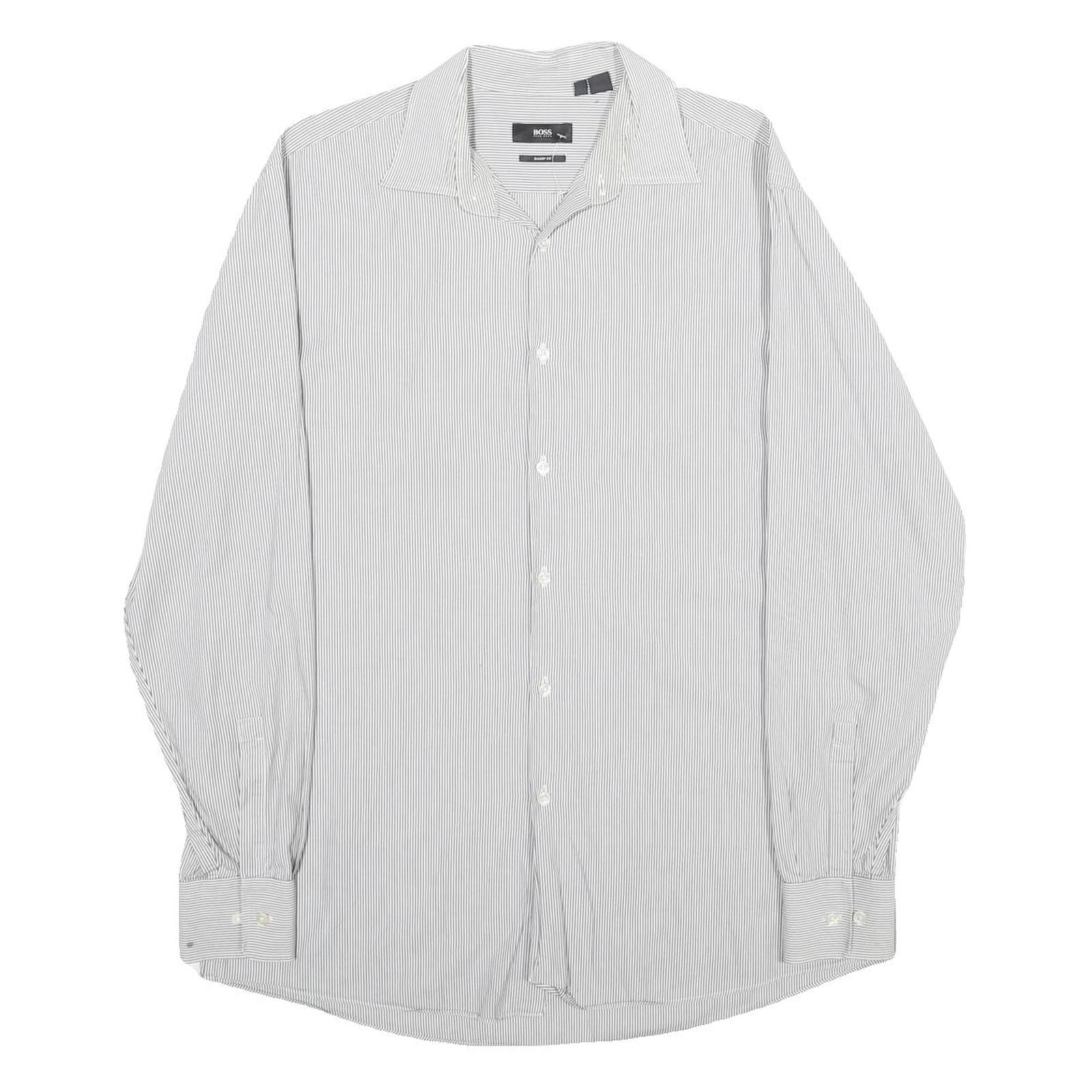 HUGO BOSS Mens White & Grey Striped Shirt L Classic Fit Cotton Formal Refurbished - N/A refurbished available on Cerqular
