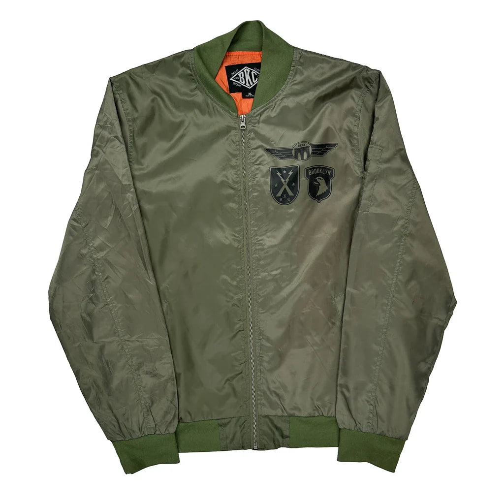 Brooklyn Bkc Graphic Bomber Jacket - XL Green Polyester Refurbished - Thrifted (note: this is a term often used to describe second- refurbished available on Cerqular