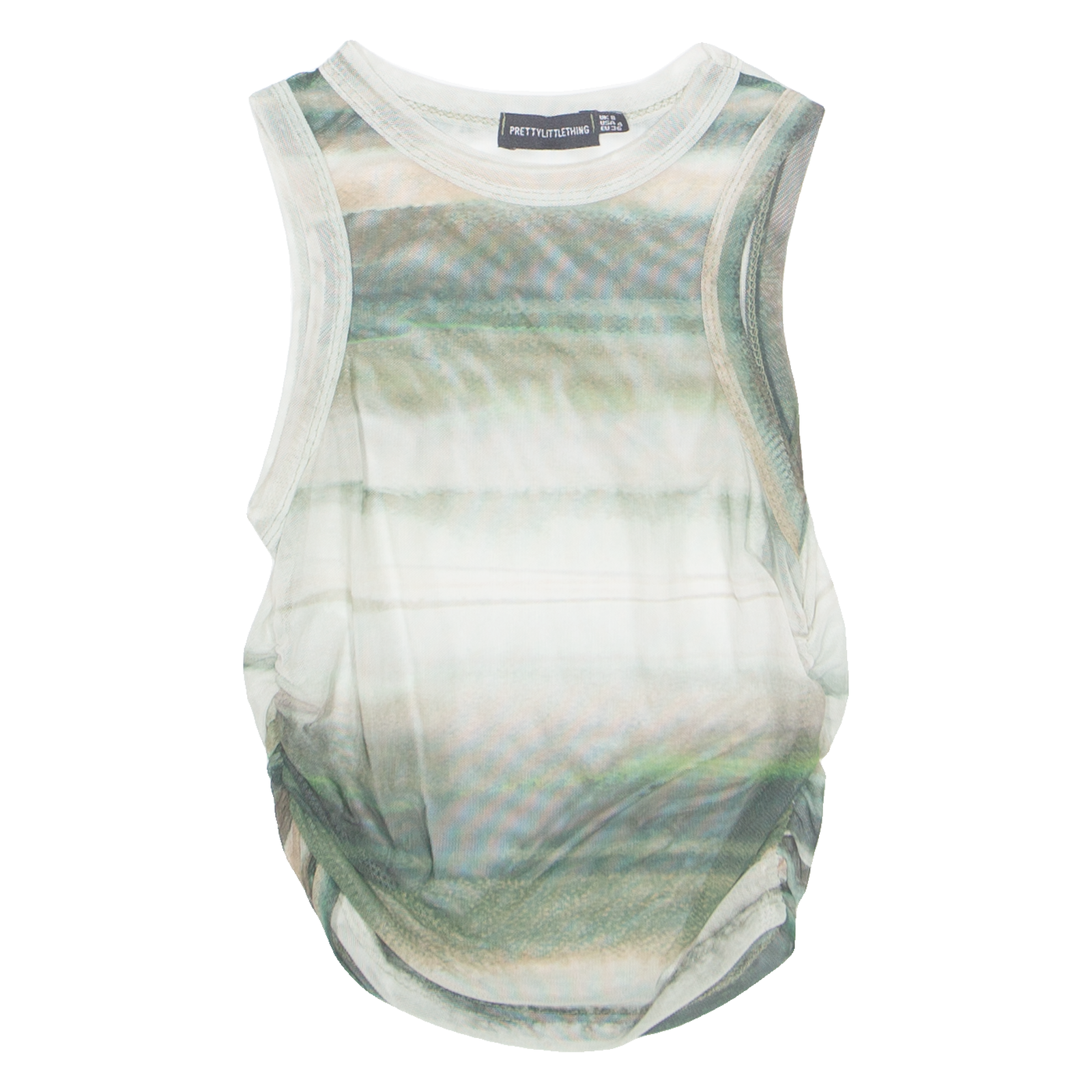 PRETTYLITTLETHING Sheer Ruched Womens Printed Top Green Sleeveless Striped UK 8 Refurbished - N/A refurbished available on Cerqular