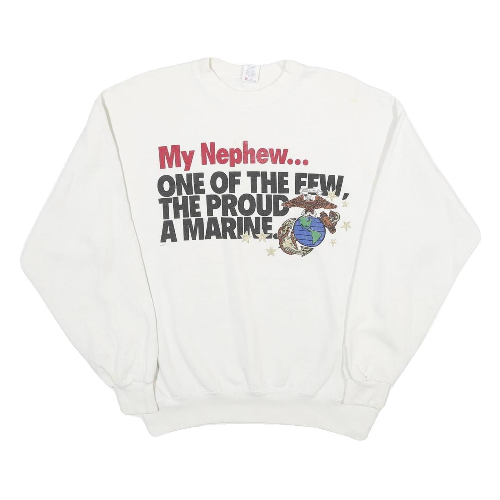 SOFFE SWEATS Mens White My Nephew Proud A Marine Crew Neck L Cotton Sweatshirt Refurbished - N/A refurbished available on Cerqular