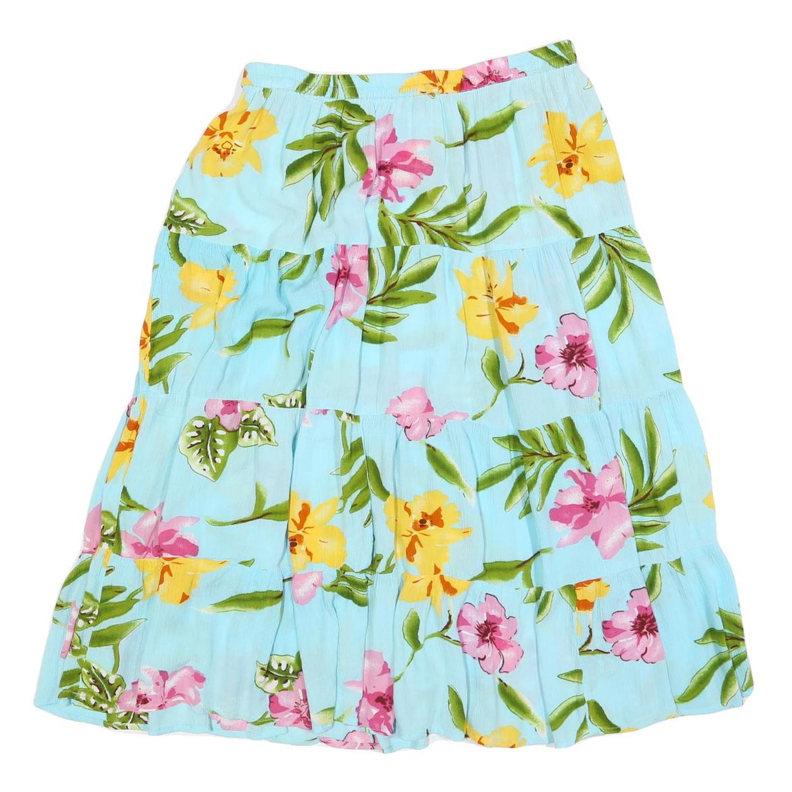 CATHY DENIS Womens Blue Floral Swing Midi Viscose Skirt L Tiered Casual Refurbished - N/A refurbished available on Cerqular