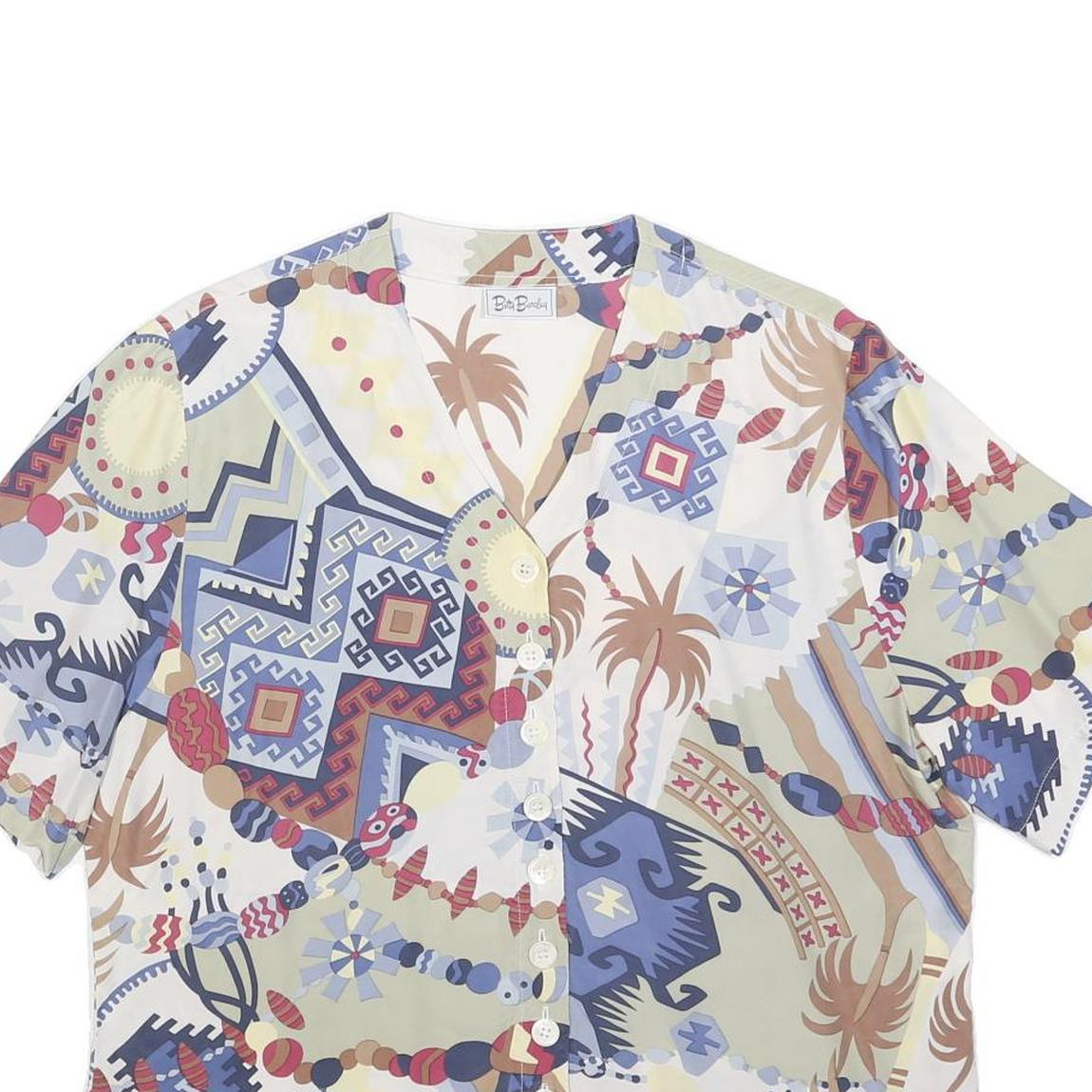BETTY BARCLAY Womens Blue Beige Printed Button Shirt Short Sleeve UK 18 Silk Top Refurbished - N/A refurbished available on Cerqular
