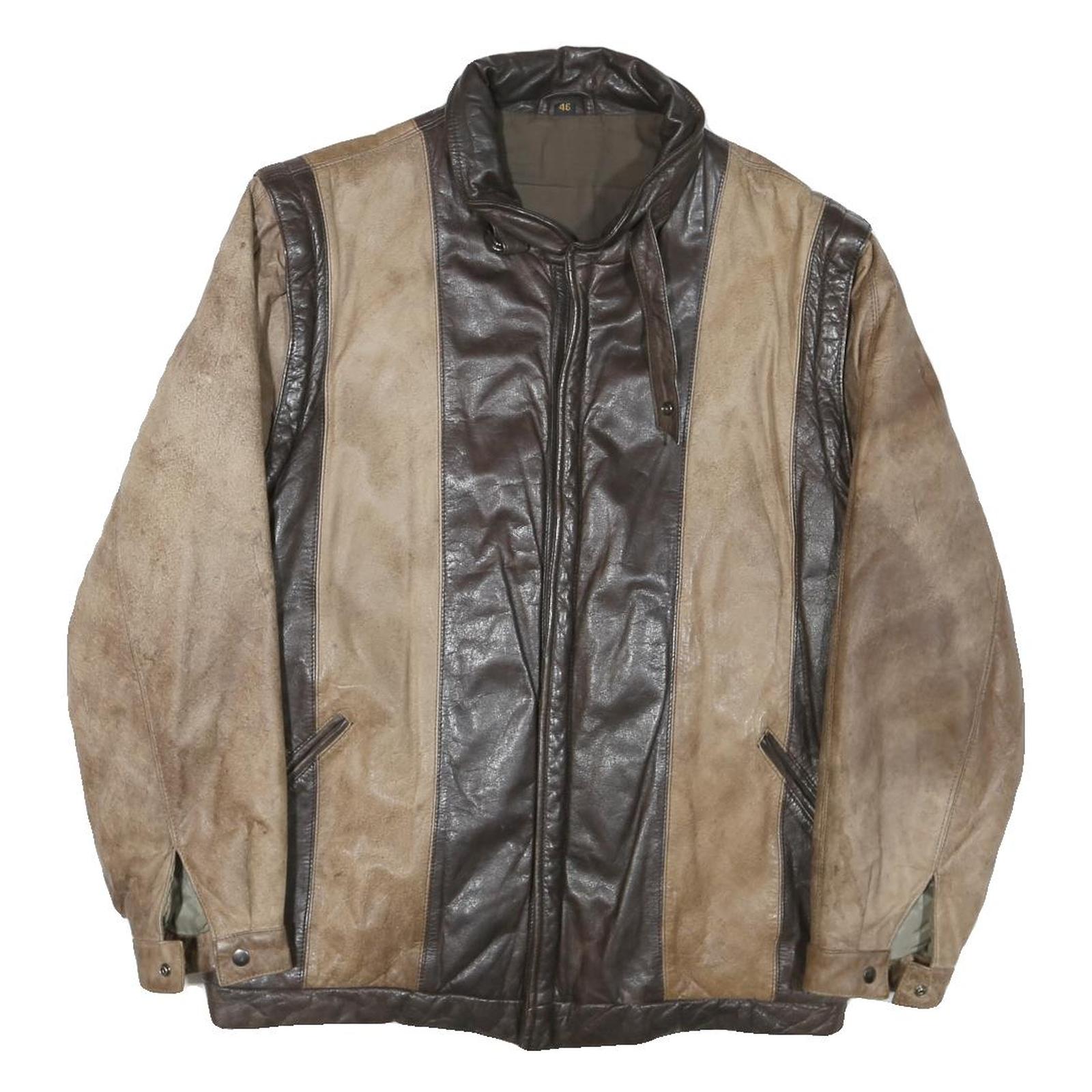 Mens Brown & Beige Leather Zip Jacket M Genuine Panelled Design Outerwear Refurbished - N/A refurbished available on Cerqular
