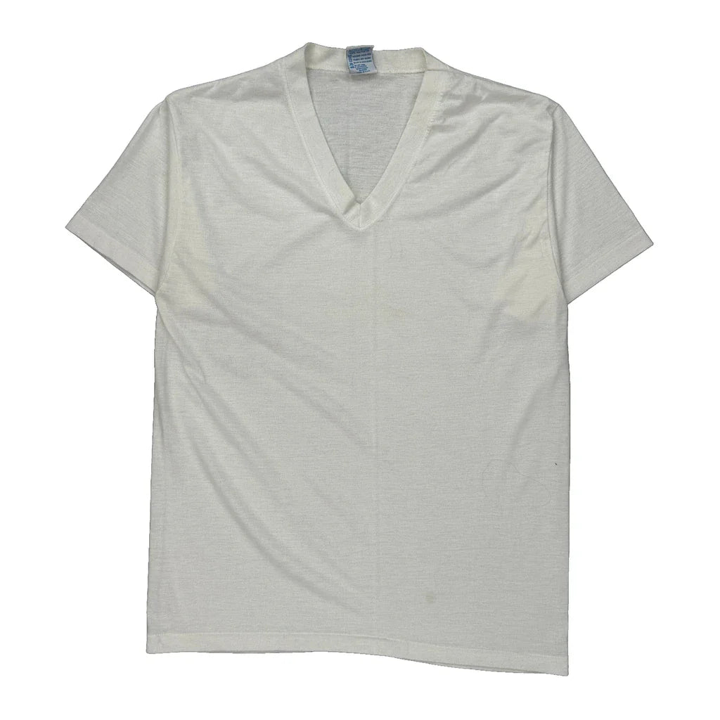 Blank Cal Cru Single Stitch T-Shirt - Large White Polyester Refurbished - Thrifted (note: this is a term often used to describe second- refurbished available on Cerqular