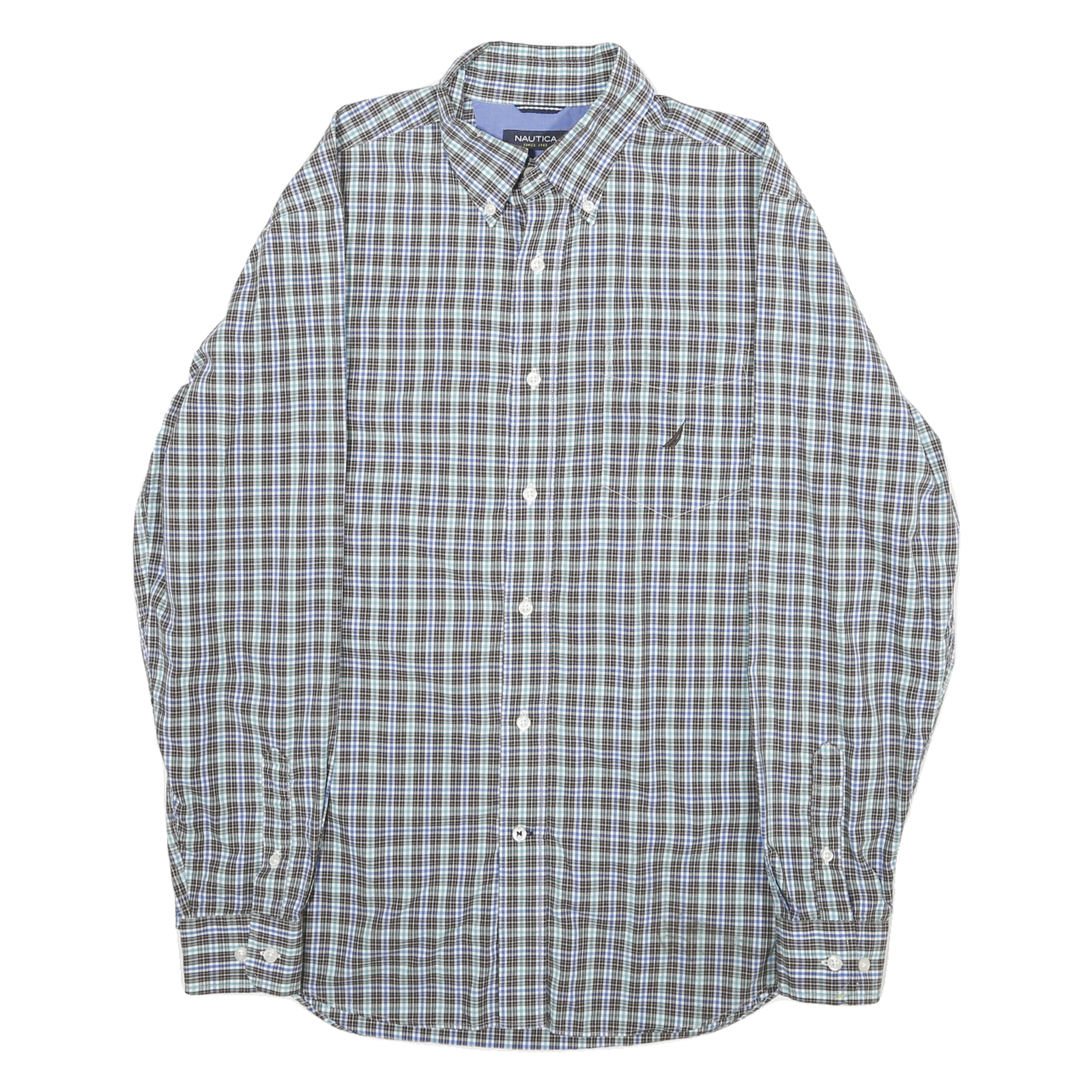 NAUTICA Mens Blue & Brown Check Shirt M Button-Down Collar Cotton Casual Long Refurbished - N/A refurbished available on Cerqular