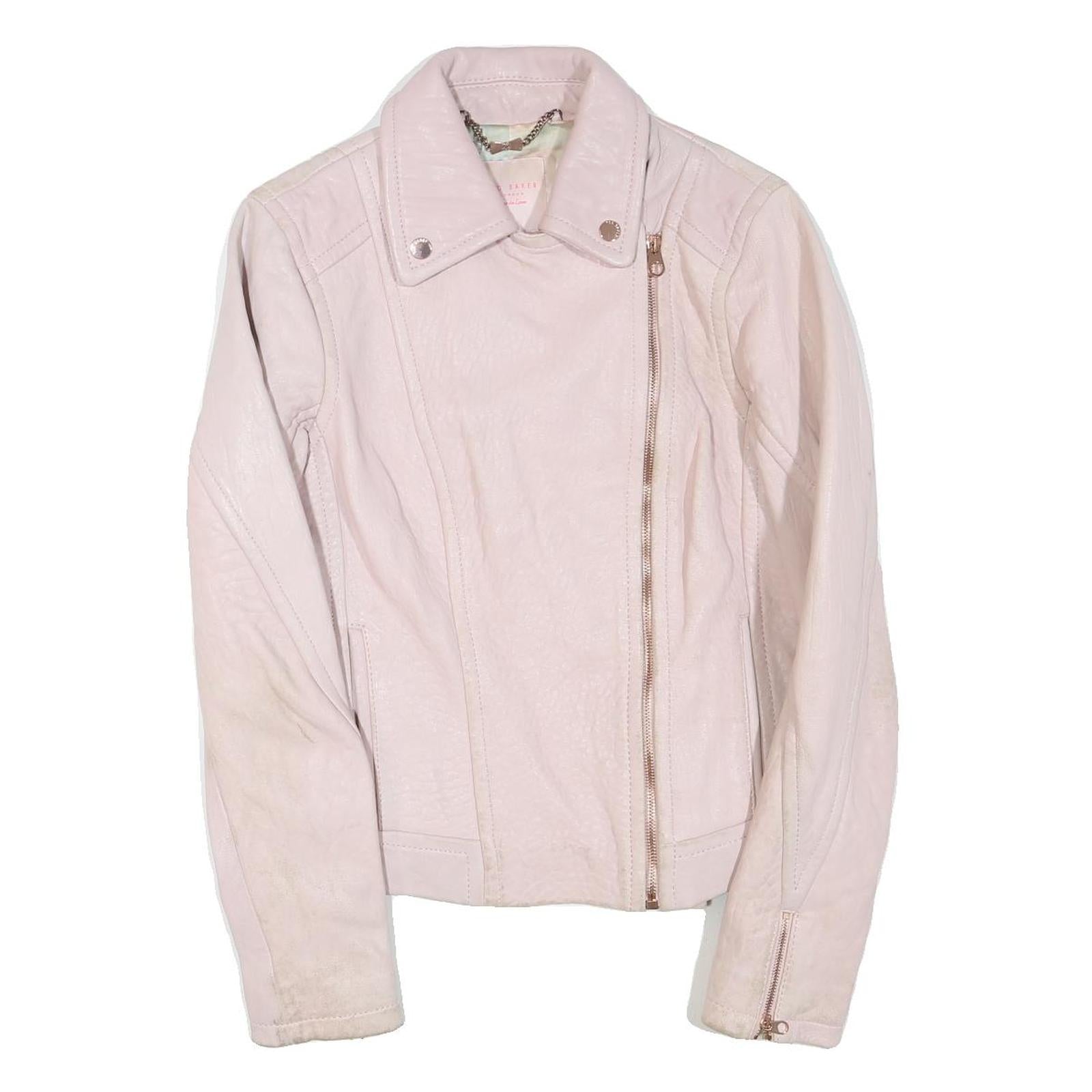 TED BAKER Womens Pink Faux Leather Zip Jacket S Plain Stylish Biker Refurbished - N/A refurbished available on Cerqular