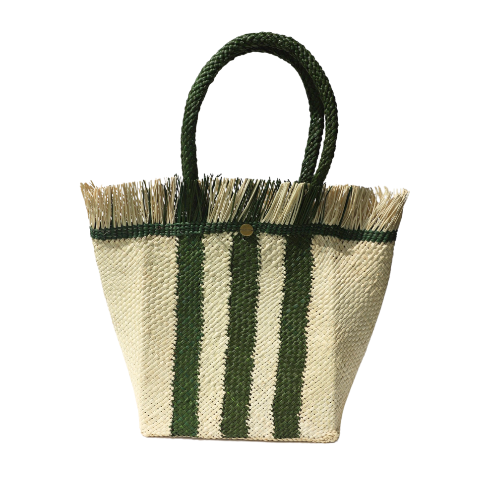 3 Stripes Tote Bag - Straw Bag - Iraca Handmade Bag - | Color: Natural & Green Refurbished - Apalma Handmade refurbished available on Cerqular