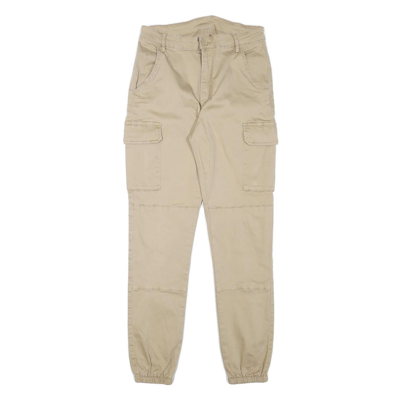 Mens Beige Cotton Blend Slim Cargo Trousers W26 L27 Zip Closure Elastic Hem Refurbished - N/A refurbished available on Cerqular