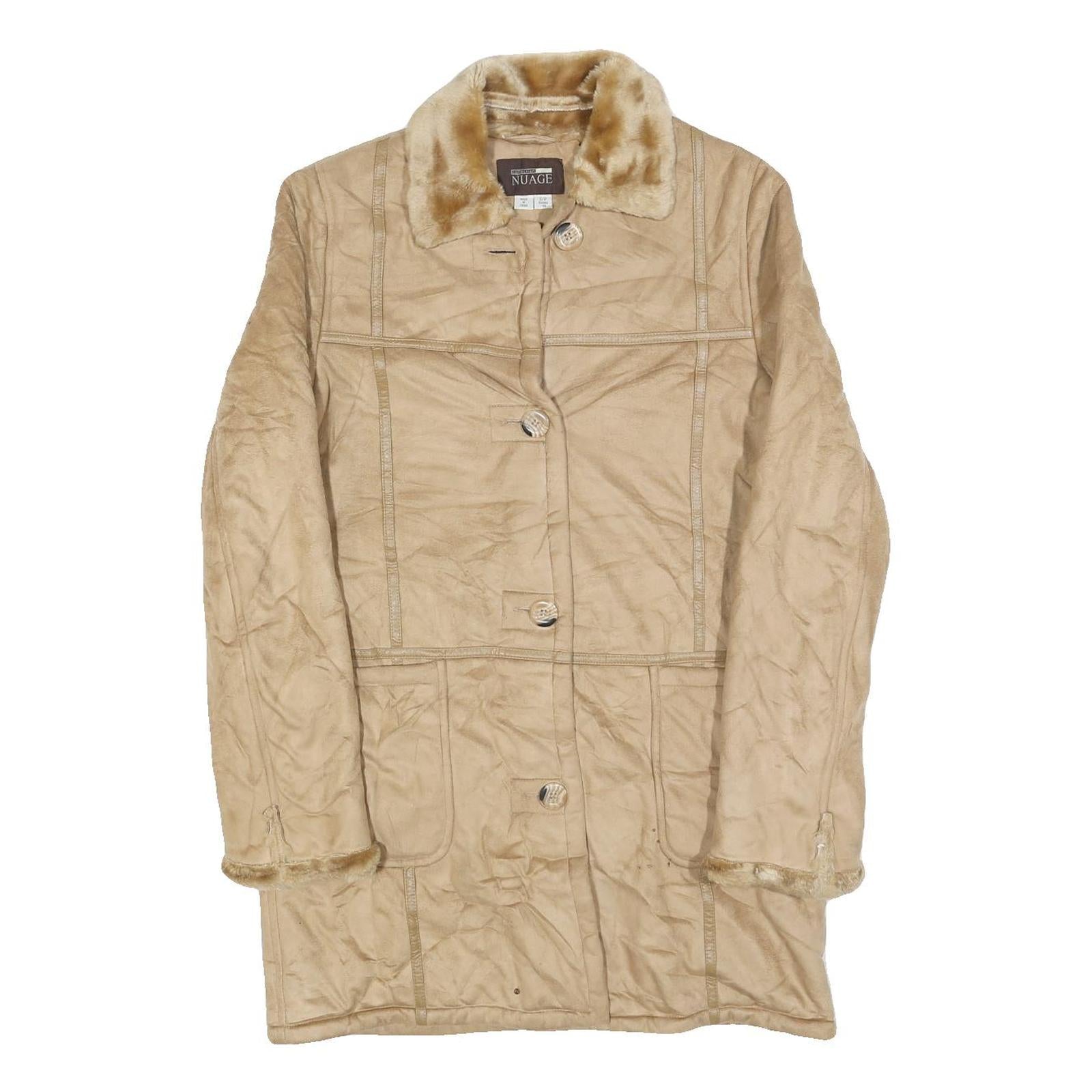 NUAGE Womens Beige Button Jacket S Polyester Faux Fur Collar Pockets Classic Refurbished - N/A refurbished available on Cerqular