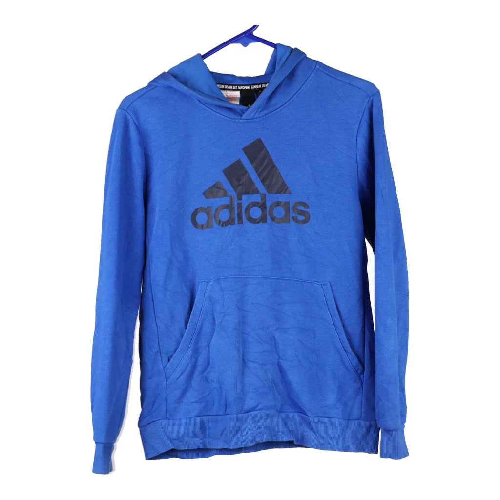 Age 13-14 Adidas Spellout Hoodie - Large Blue Cotton Refurbished - Thrifted (note: this is a term often used to describe second- refurbished available on Cerqular