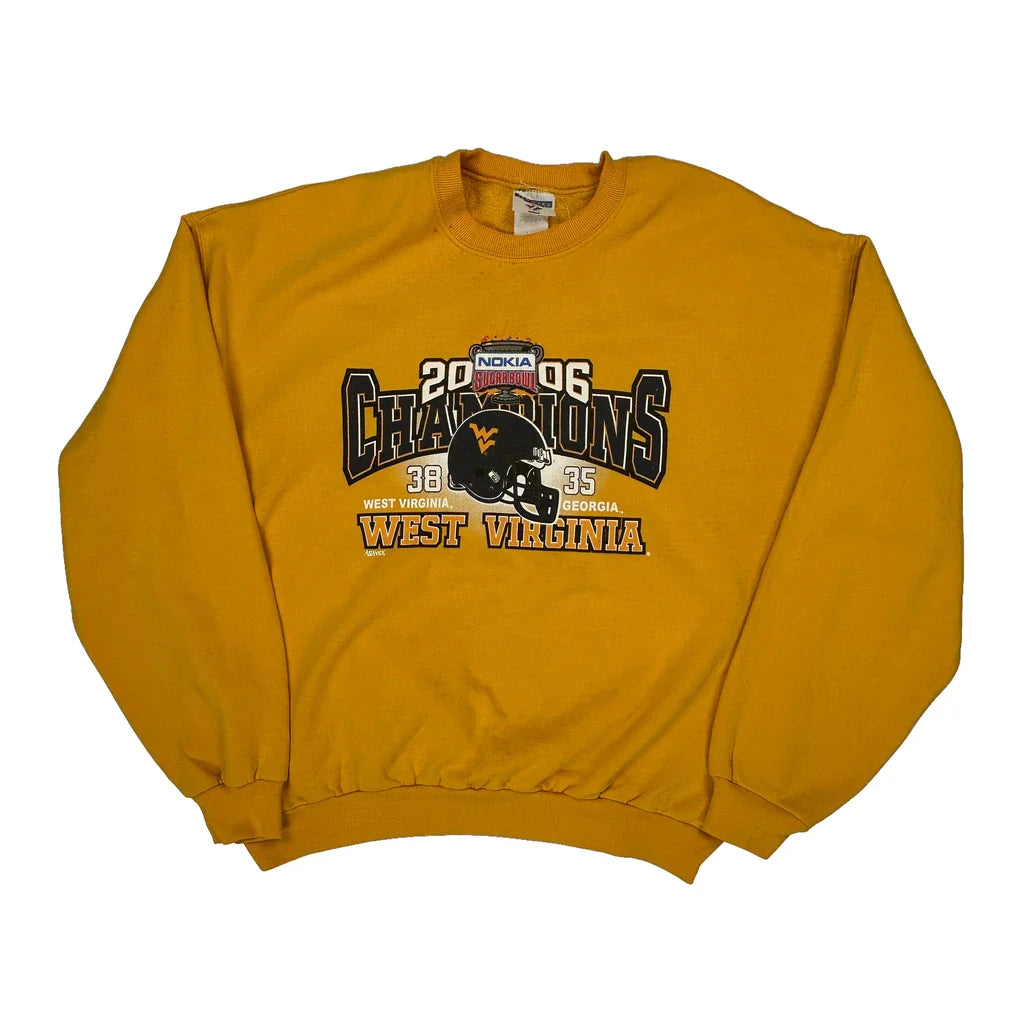 West Virginia Jerzees College Sweatshirt - Large Yellow Cotton Blend Refurbished - Thrifted (note: this is a term often used to describe second- refurbished available on Cerqular