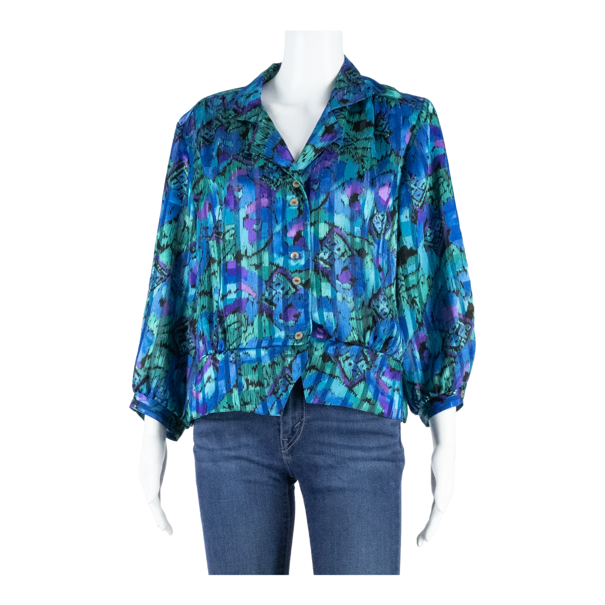 RIO Womens Blouse Shirt Blue Collared Long Sleeve Crazy Pattern S Refurbished - N/A refurbished available on Cerqular