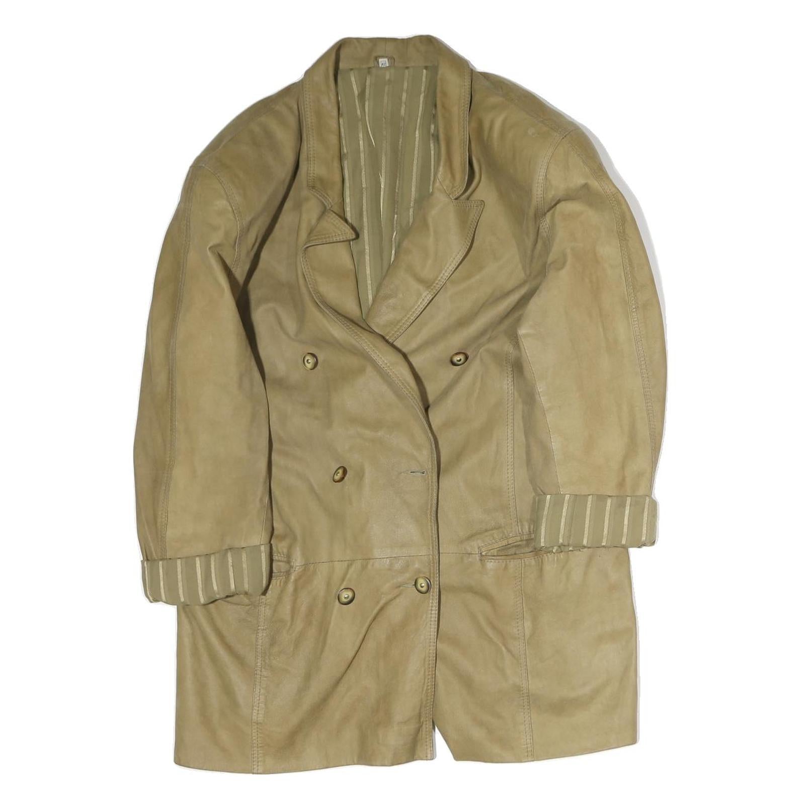 Womens Beige Leather Double Breasted Button Jacket L Plain Classic Tailored Refurbished - N/A refurbished available on Cerqular