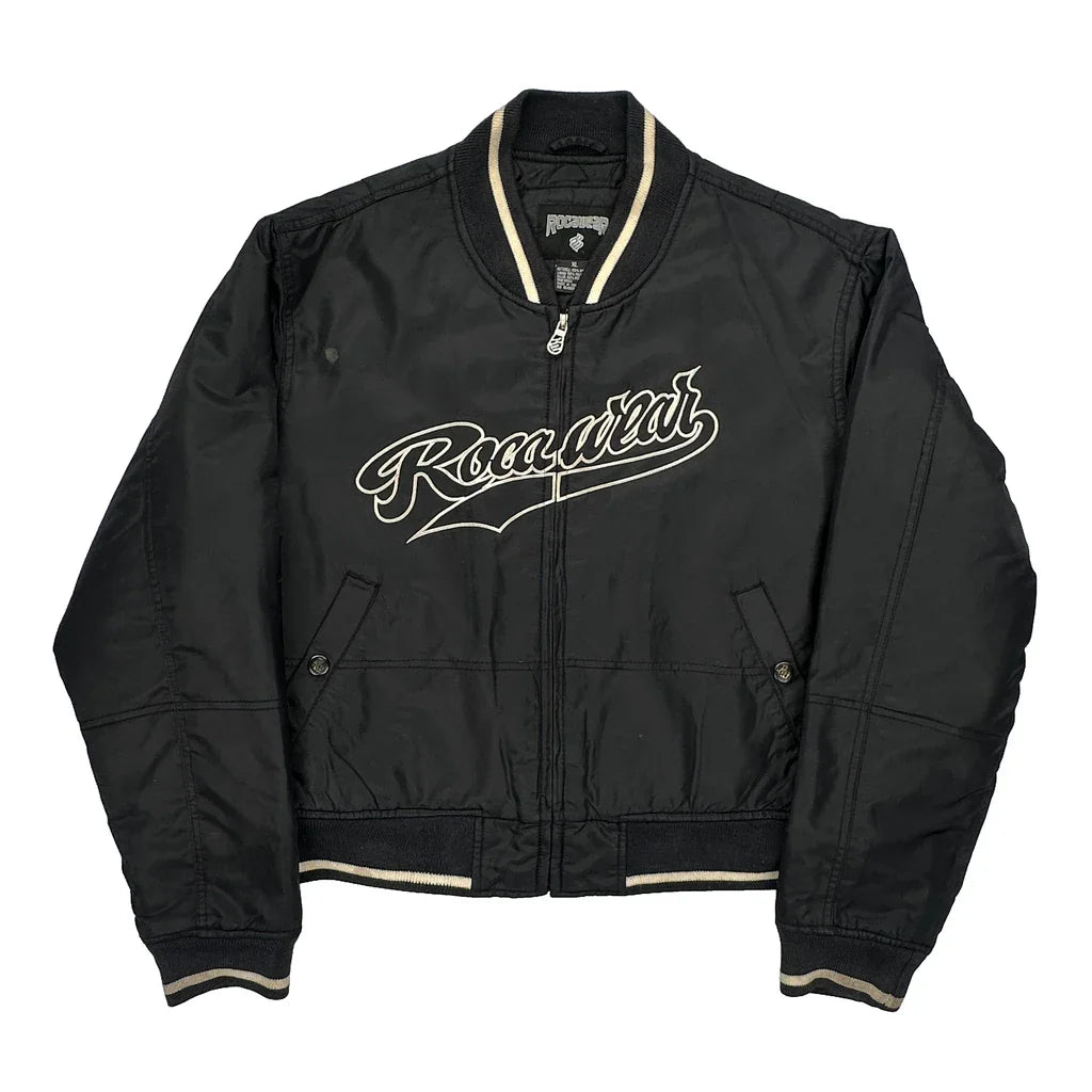 Rocawear Spellout Bomber Jacket - XL Black Nylon Refurbished - Thrifted (note: this is a term often used to describe second- refurbished available on Cerqular