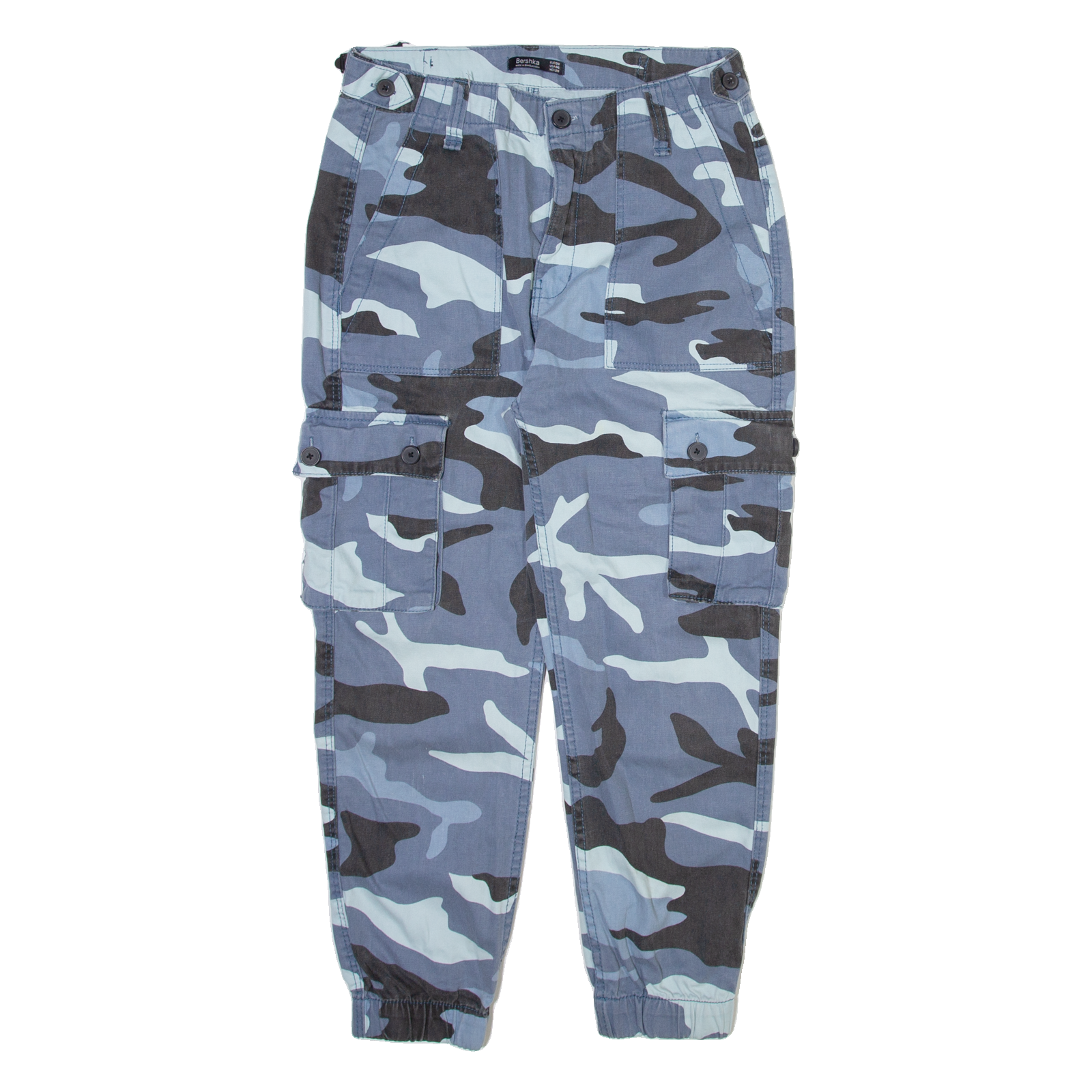 BERSHKA Camo Cargo Mens Trousers Blue Regular Tapered W28 L24 Refurbished - N/A refurbished available on Cerqular