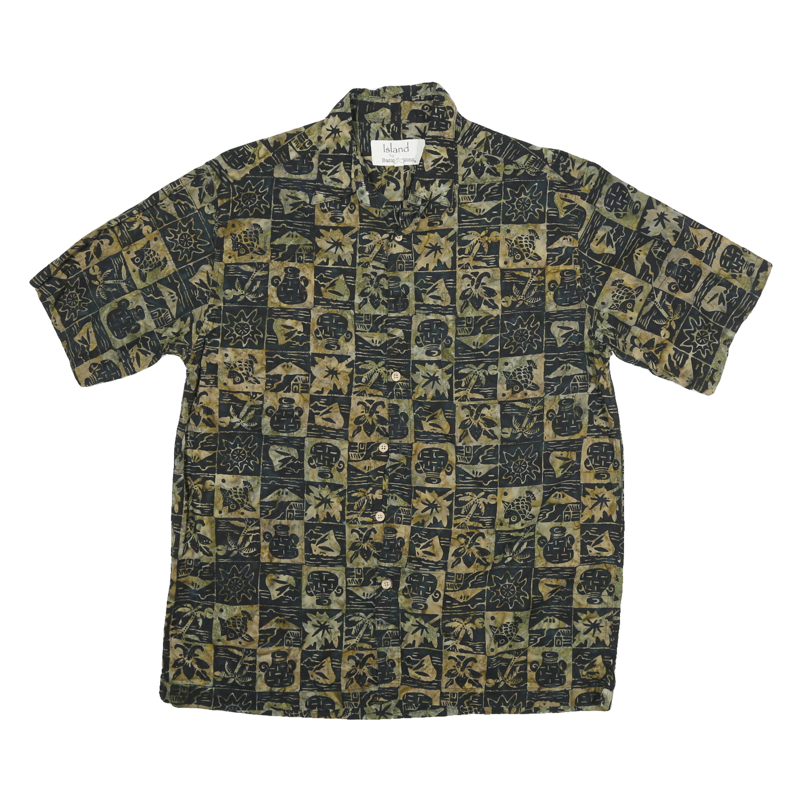 ISLAND Mens Green & Brown Pattern Shirt L Cotton Blend Casual Holiday Summer Refurbished - N/A refurbished available on Cerqular