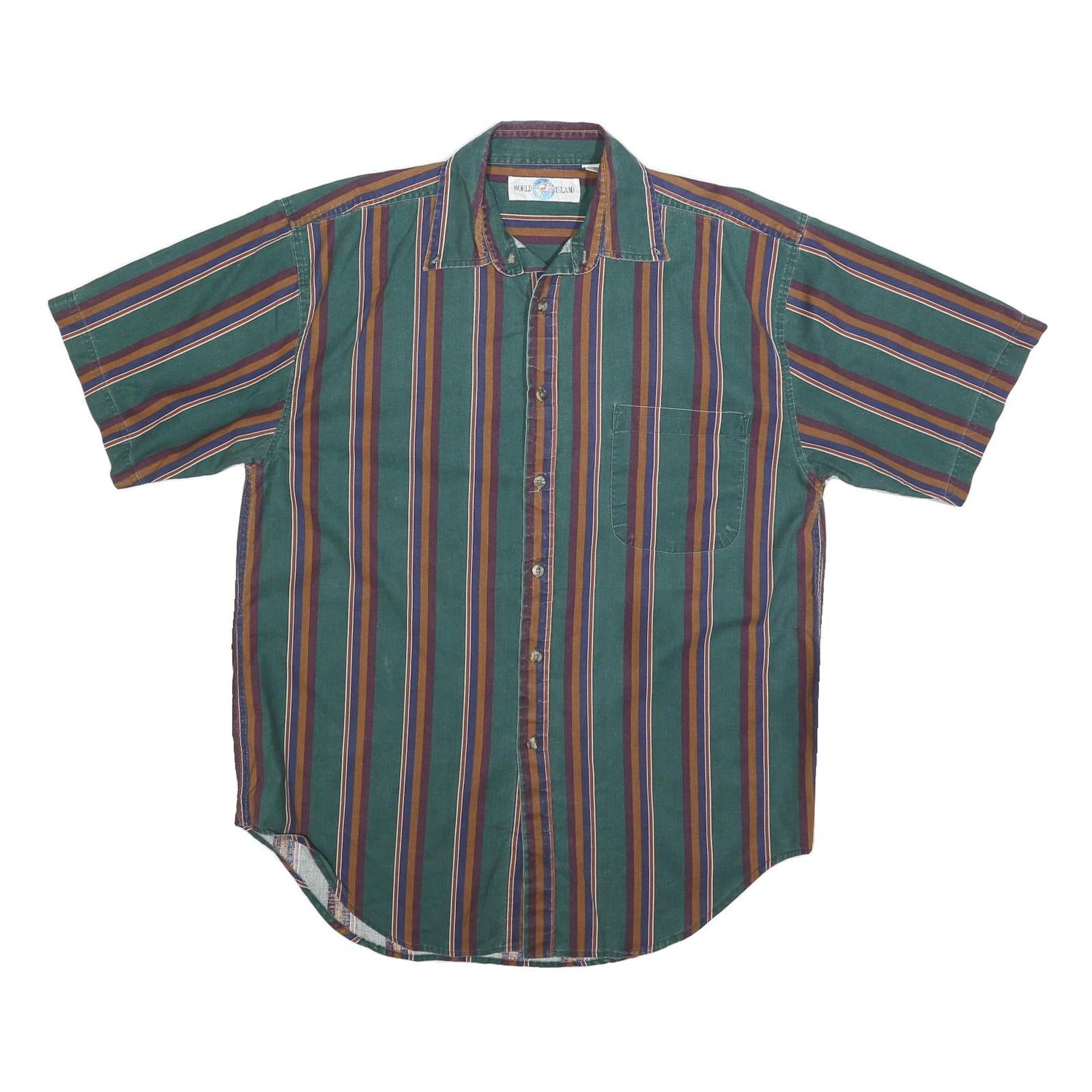 WORLD ISLAND Mens Green & Brown Striped Casual Shirt L Cotton Blend Refurbished - N/A refurbished available on Cerqular